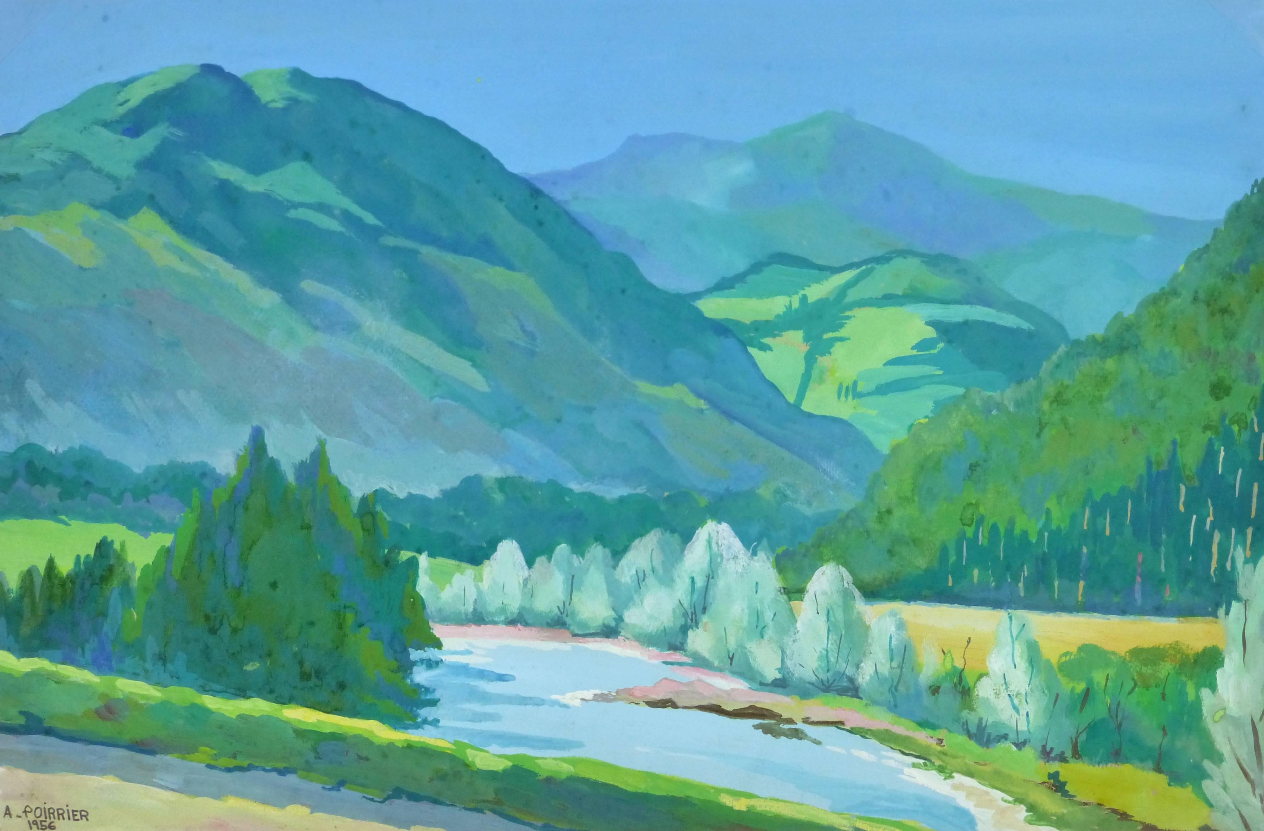 Sunlit acrylic landscape painting of grassy mountains surrounding a clear creek lush with foliage by artist A. Poirrier, 1956. Signed and dated lower left.

Original one-of-a-kind artwork on paper displayed on a white mat with a gold border. Mat