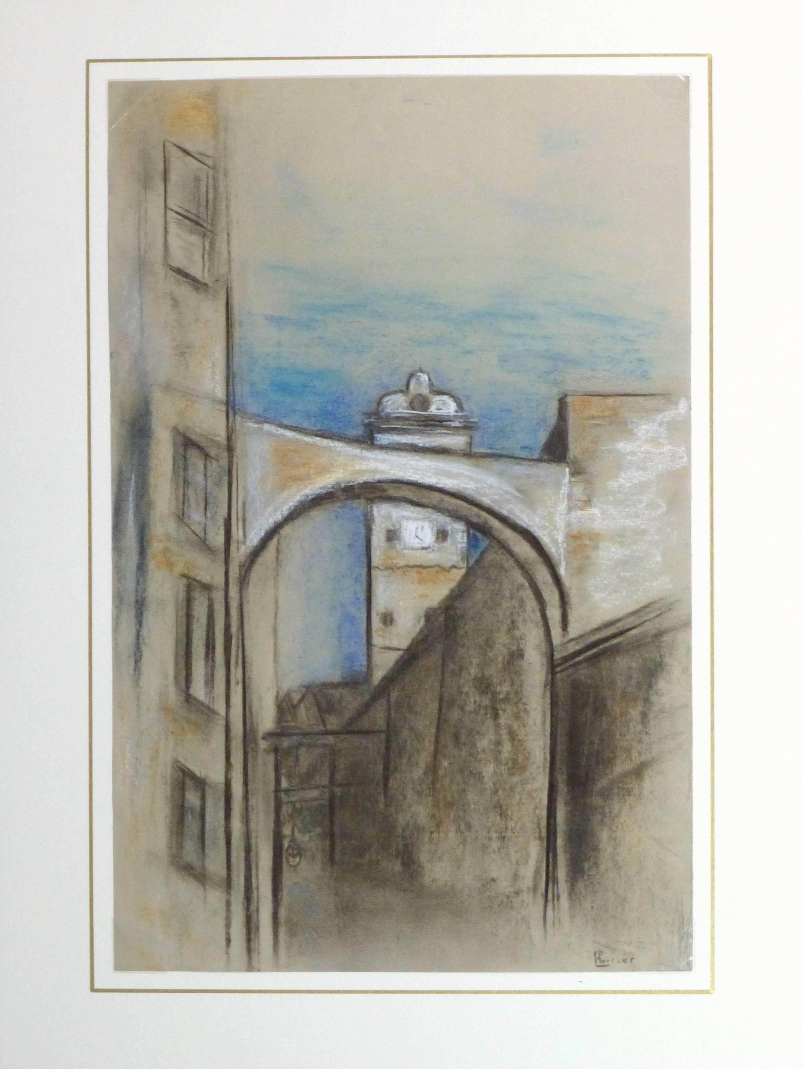 Vintage Charcoal Drawing - Tuscany - Gray Landscape Art by Louisette Poirer