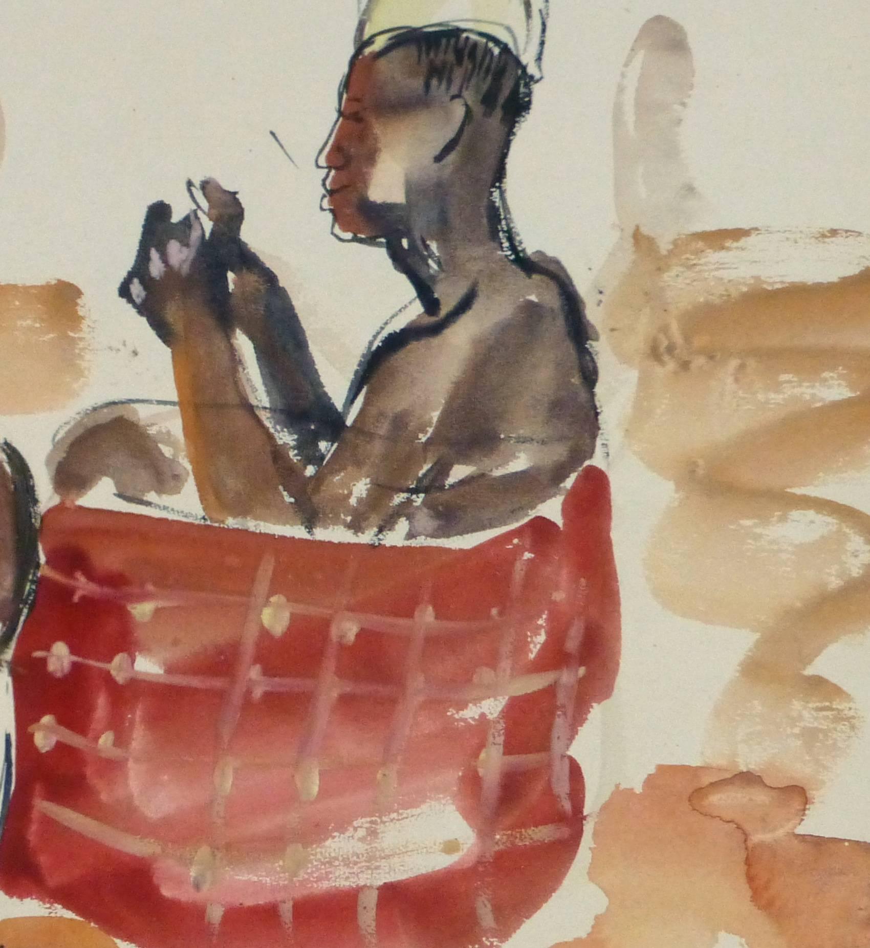 Vintage French Watercolor - African Villagers - Art by Stephane Magnard