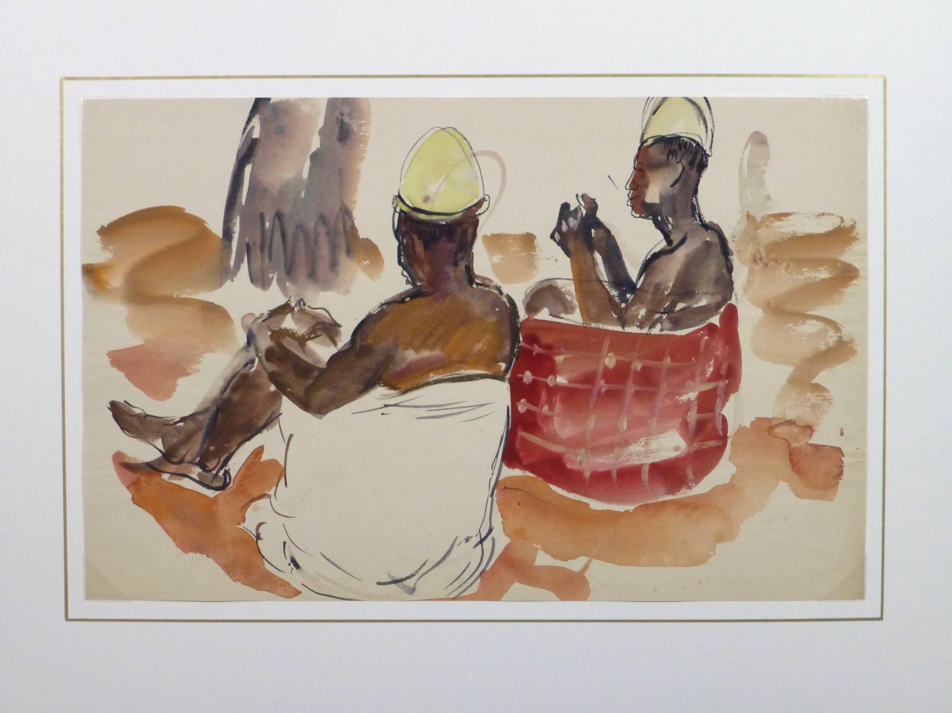 Vintage French Watercolor - African Villagers - Beige Figurative Art by Stephane Magnard