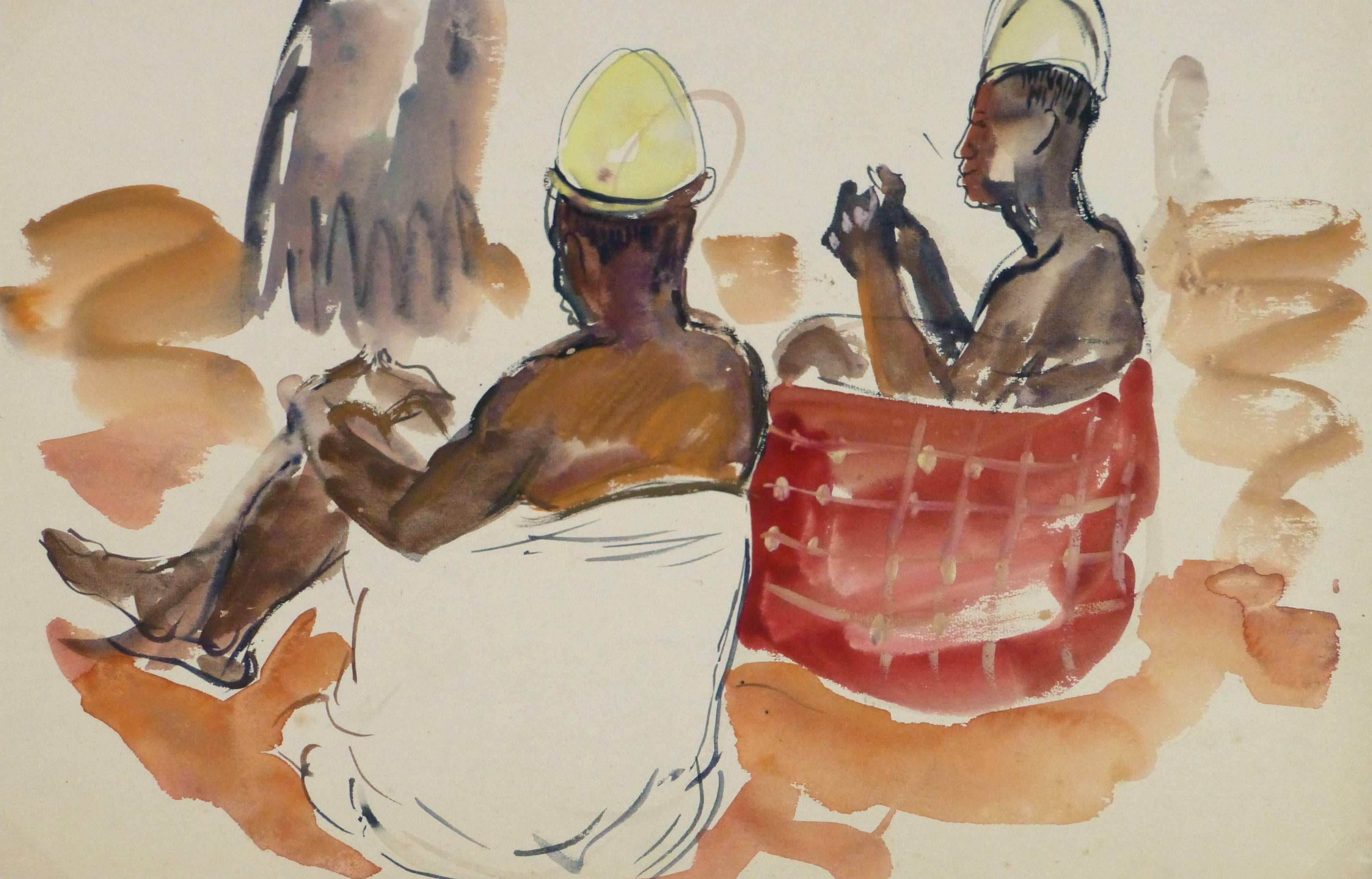 Stephane Magnard Figurative Art - Vintage French Watercolor - African Villagers