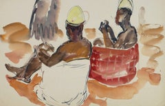 Vintage French Watercolor - African Villagers