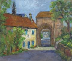 Vintage French Oil Landscape - Village Gate