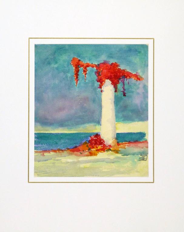 Eye catching watercolor of bright flowering vines covering a towering column along the serene Riviera, circa 1920. 

Original one-of-a-kind artwork on paper displayed on a white mat with a gold border. Mat fits a standard-size frame. Archival