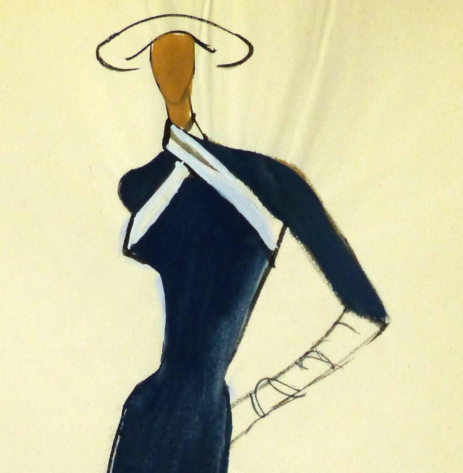 Vintage Balmain Fashion Sketch - Navy Outfit - Art by Pierre Balmain