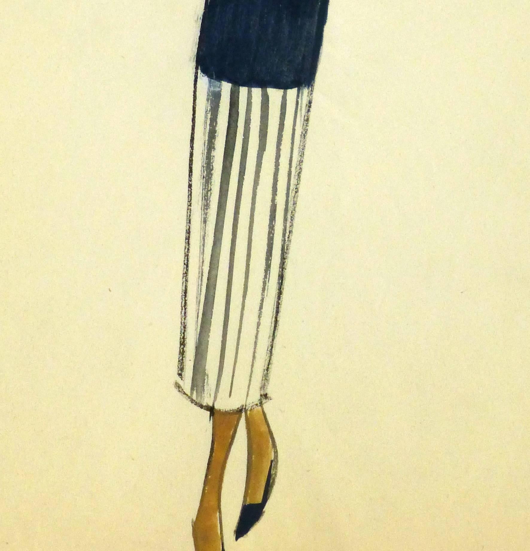Vintage Balmain Fashion Sketch - Navy Outfit - Yellow Figurative Art by Pierre Balmain