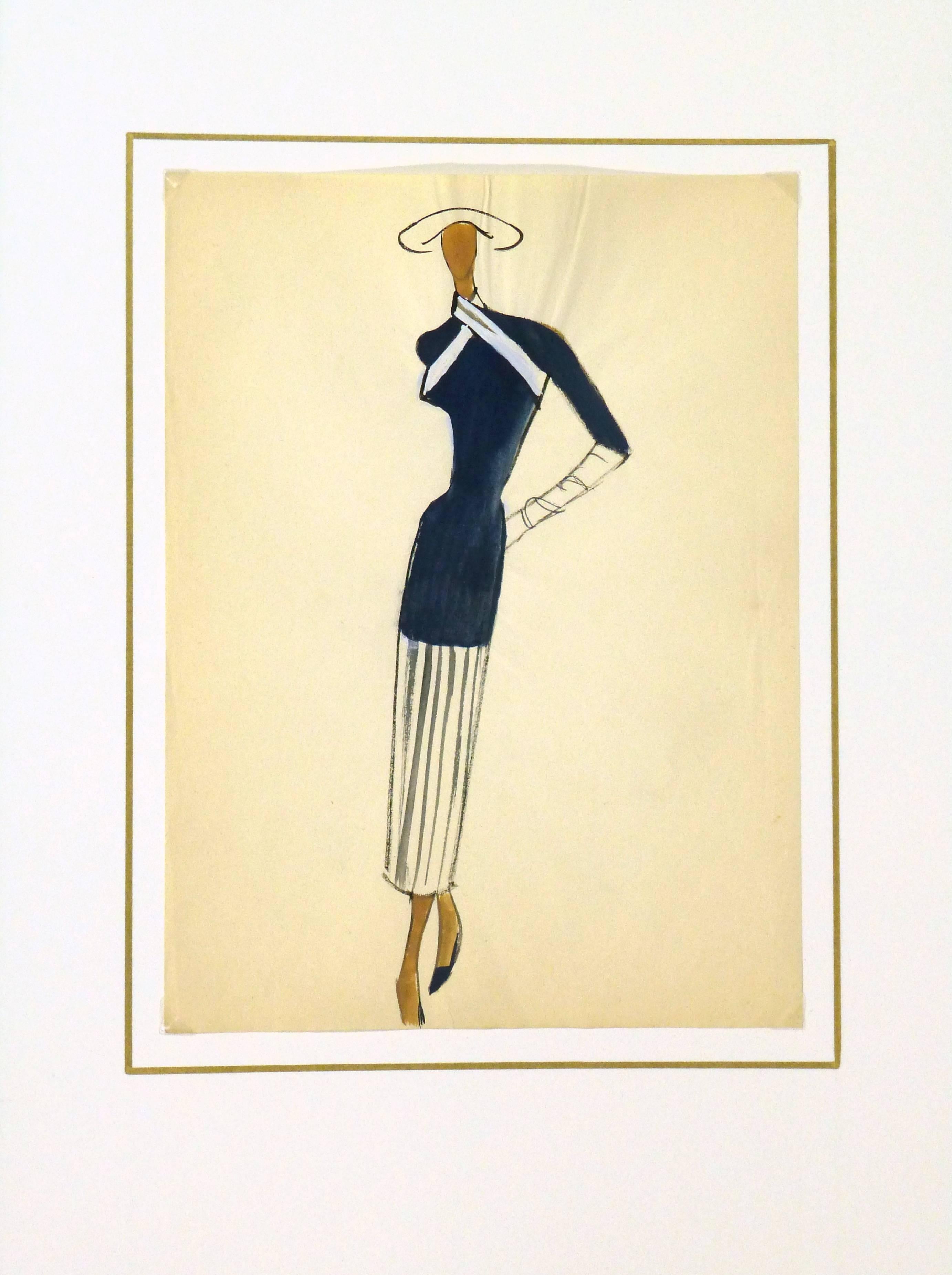 Vintage watercolor and ink fashion sketch of an elegant navy blue blouse paired with a slim skirt by the famed Balmain Fashion House, circa 1950. 

Original one-of-a-kind artwork on paper displayed on a white mat with a gold border. Mat fits a