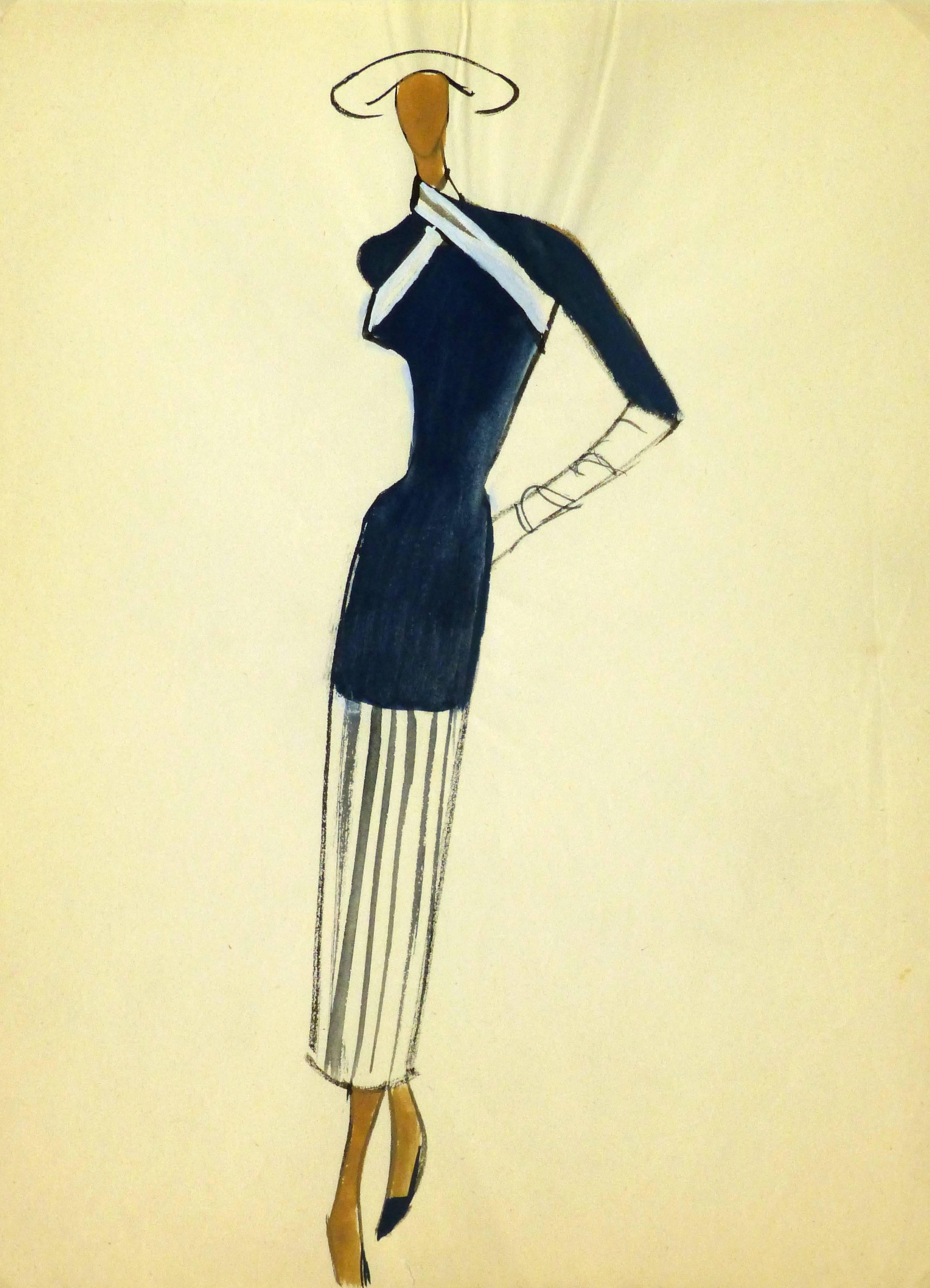 Pierre Balmain Figurative Art - Vintage Balmain Fashion Sketch - Navy Outfit