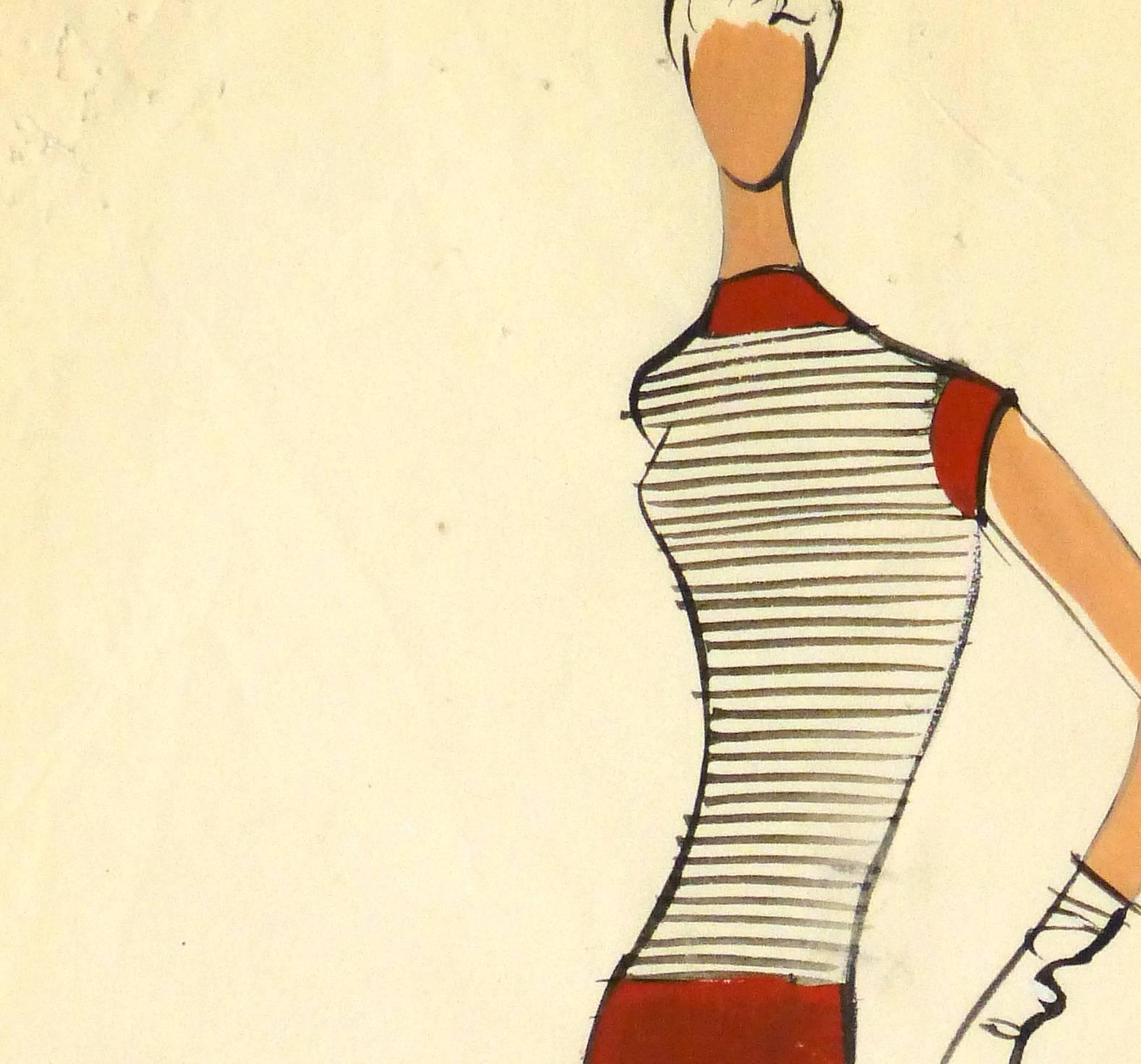 Vintage French acrylic fashion sketch of a slim fitting casual outfit in a rust orange by the famed Balmain Fashion House, circa 1950.

Original one-of-a-kind artwork on paper displayed on a white mat with a gold border. Mat fits a standard-size