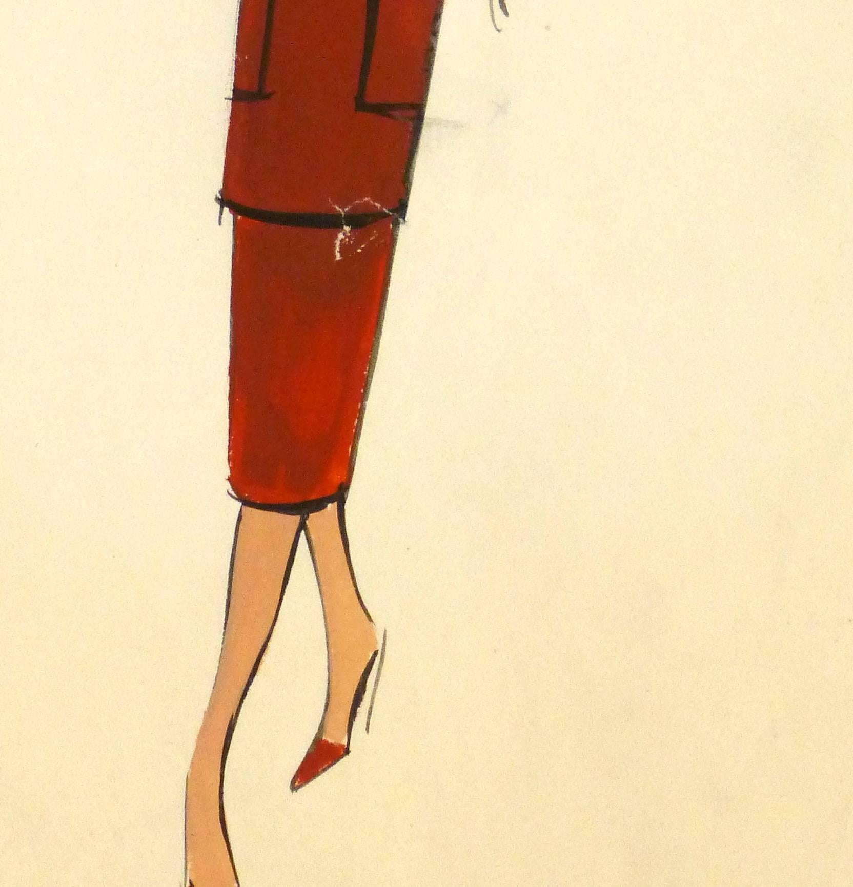 Vintage French Fashion Sketch - Rust Orange Outfit - Art by Pierre Balmain