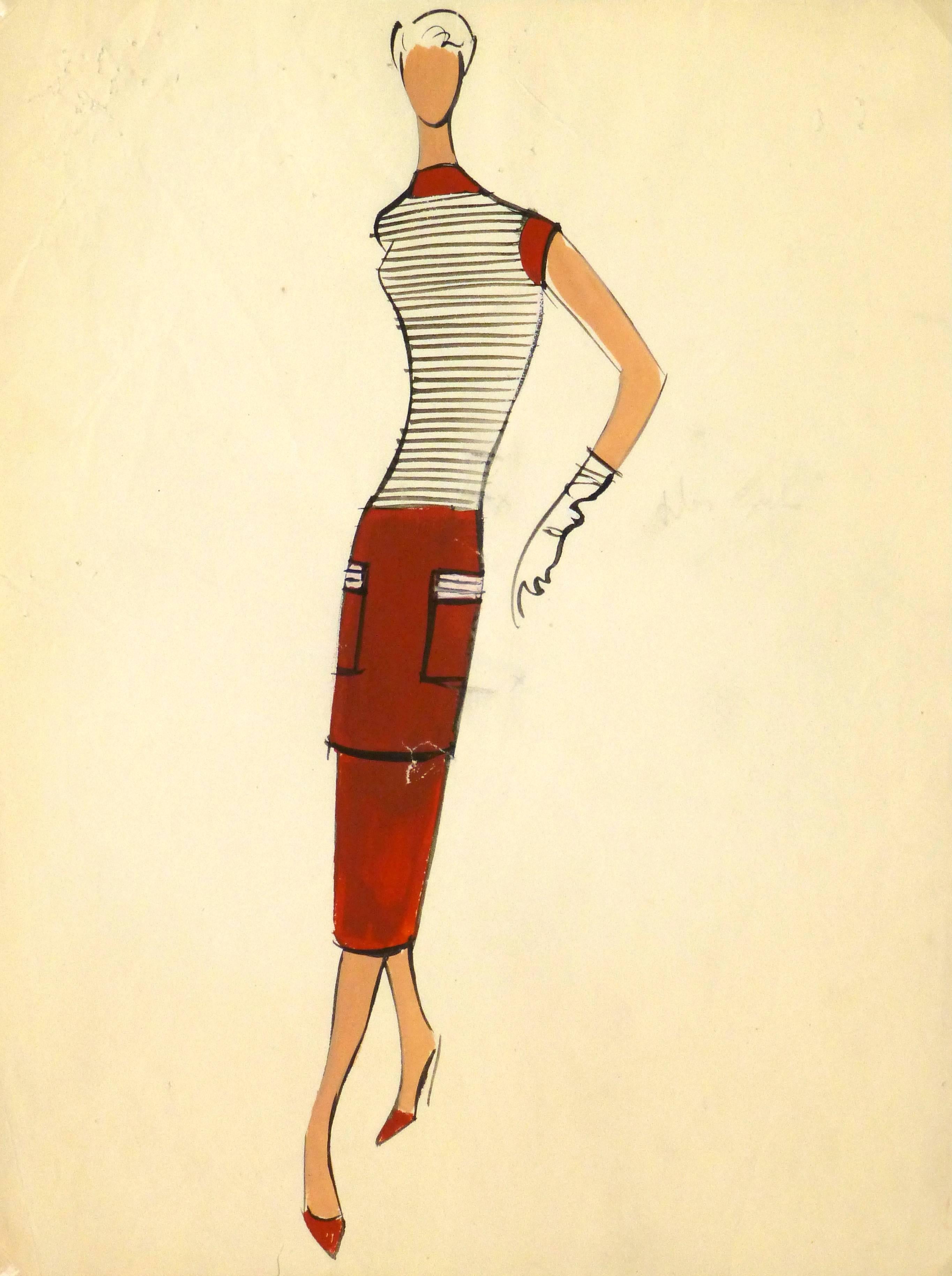 Pierre Balmain Figurative Art - Vintage French Fashion Sketch - Rust Orange Outfit