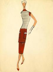Vintage French Fashion Sketch - Rust Orange Outfit