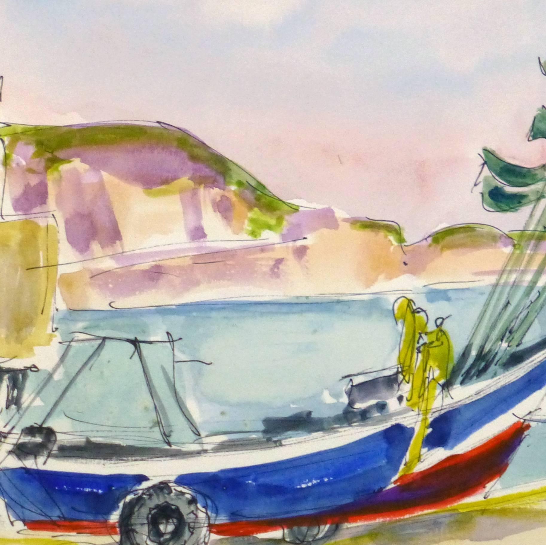 French Watercolor Seascape - All In a Day's Work - Art by Marguerite Bermond