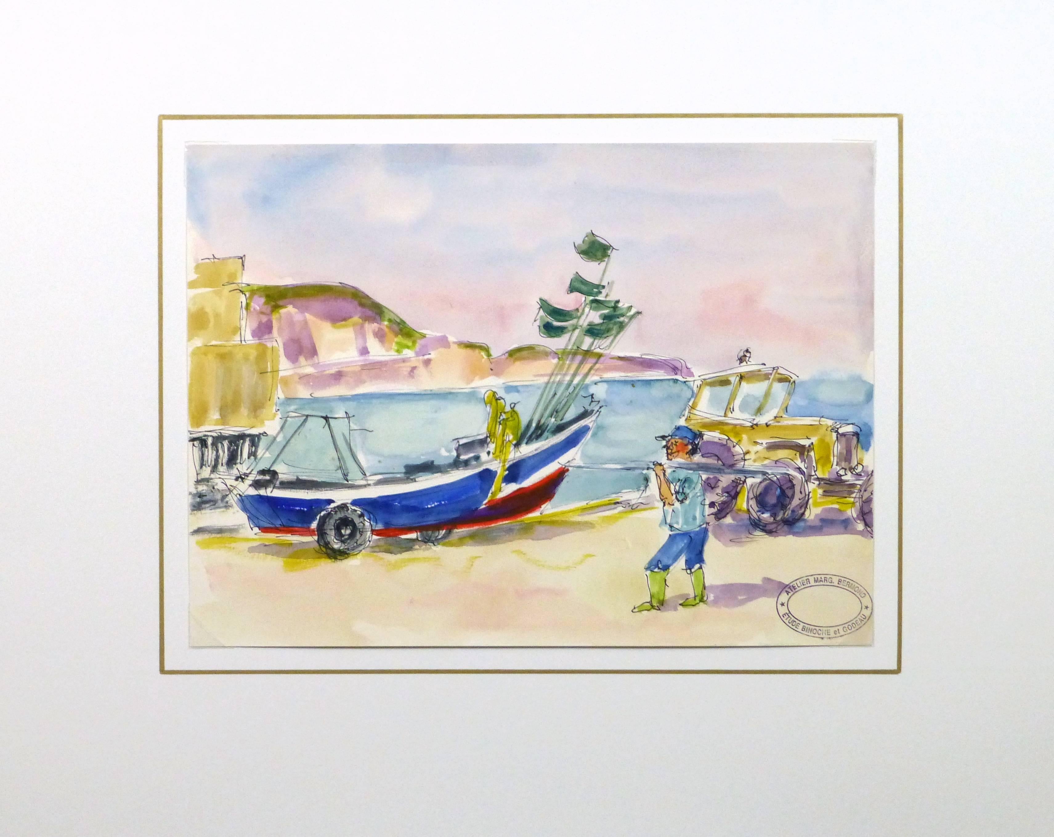 Dynamic watercolor and ink painting of a fisherman loading up his gear at the end of a productive day by artist Marguerite Bermond, circa 1970. Artist's studio stamp lower right.

Original one-of-a-kind artwork on paper displayed on a white mat
