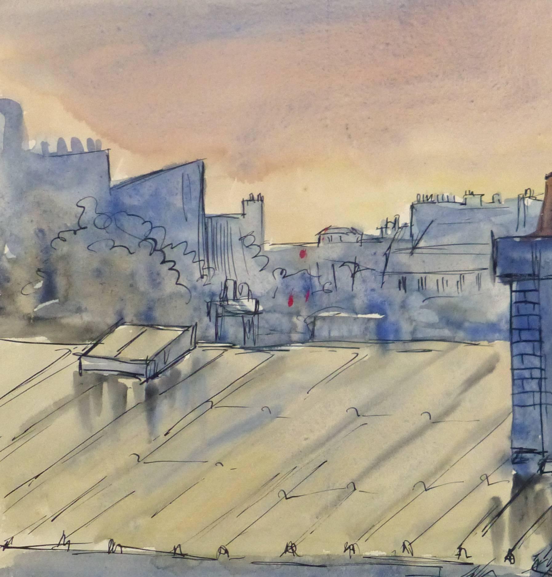 Vintage French Watercolor - Over the Rooftops of Paris - Art by André Lafond
