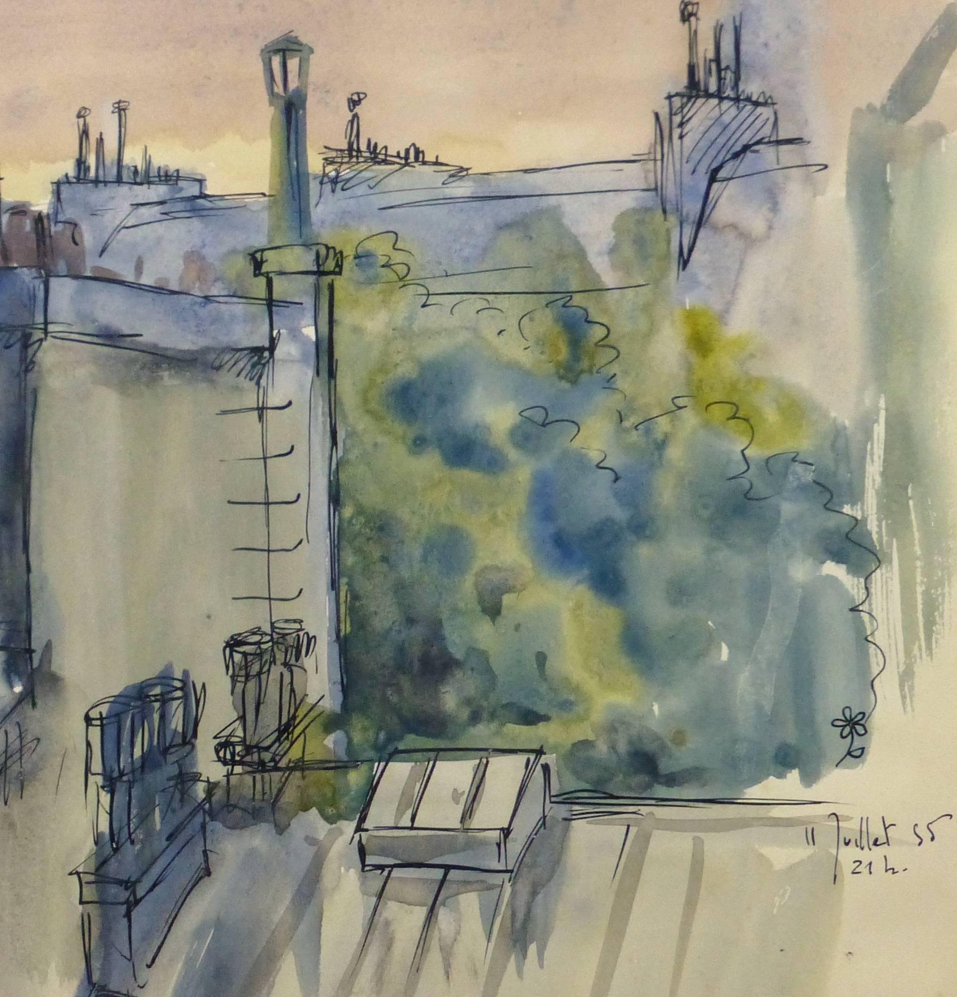 Relaxing watercolor of a hazy early evening view over the rooftops of Paris by artist André Lafond, 1955. Dated in right margin. 

Original one-of-a-kind artwork on paper displayed on a white mat with a gold border. Mat fits a standard-size