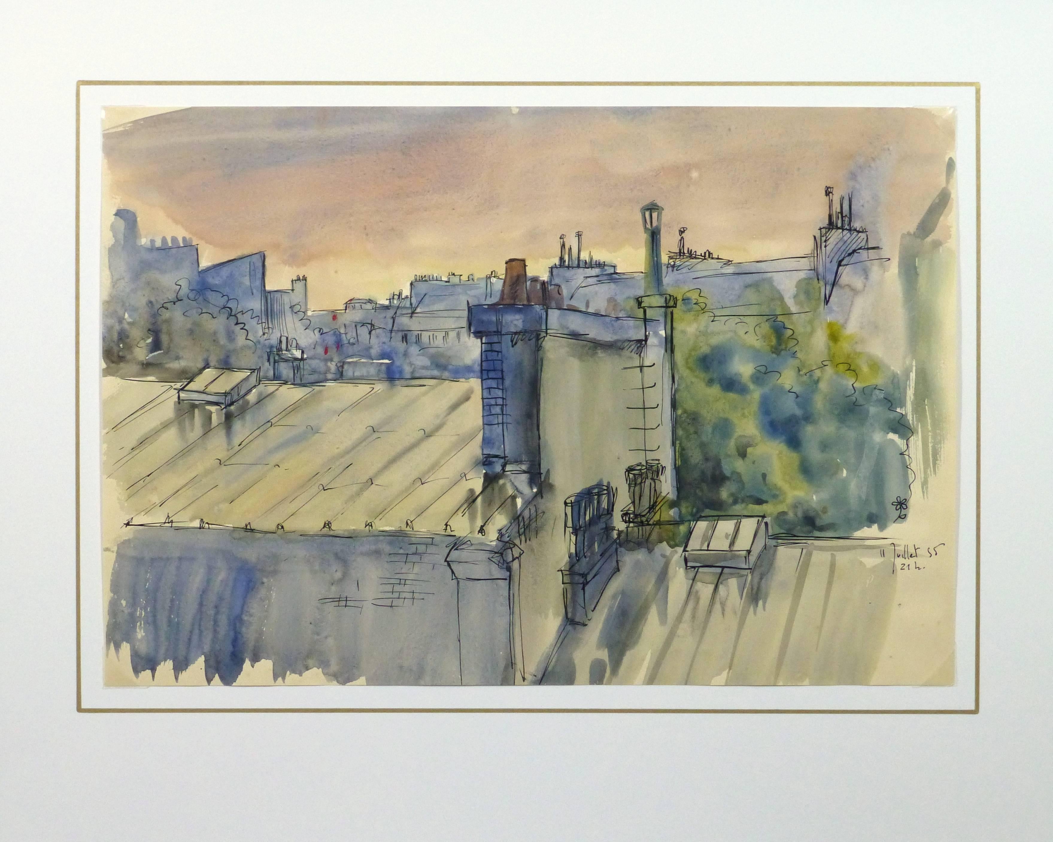 Vintage French Watercolor - Over the Rooftops of Paris 1