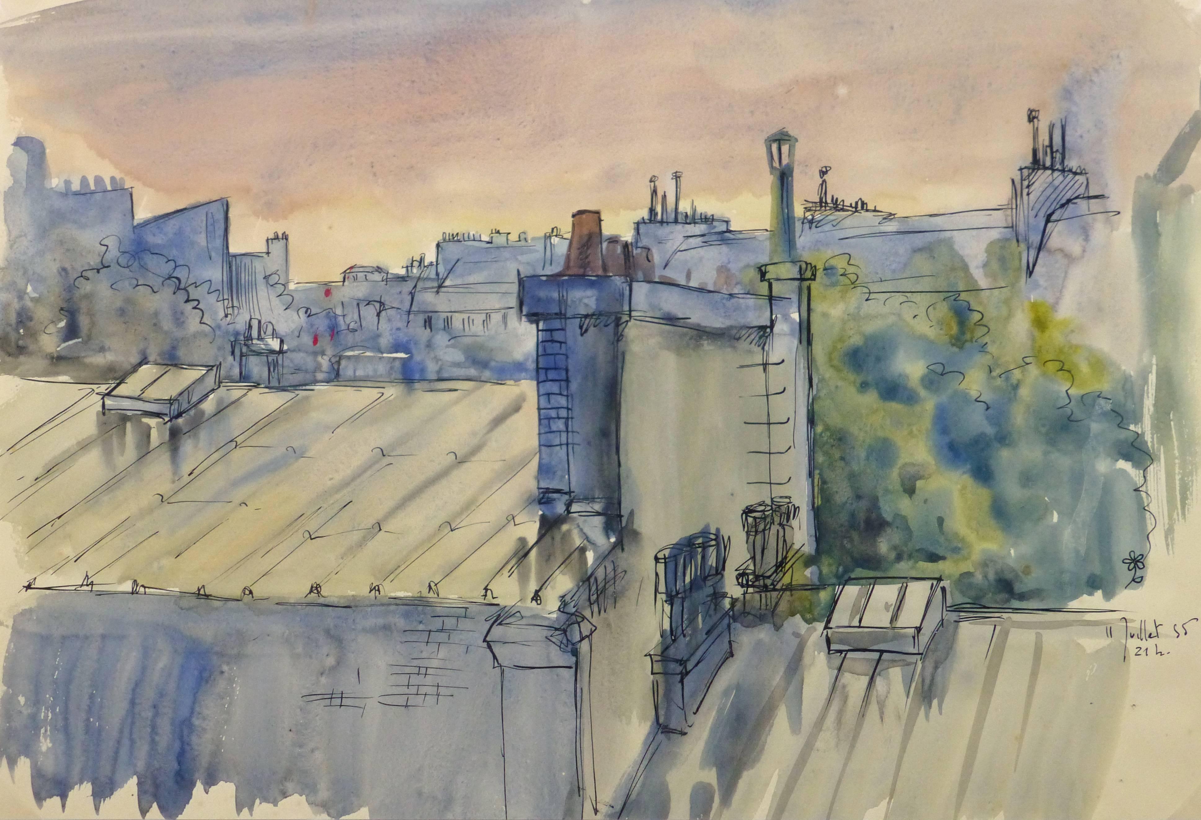 André Lafond Landscape Art - Vintage French Watercolor - Over the Rooftops of Paris