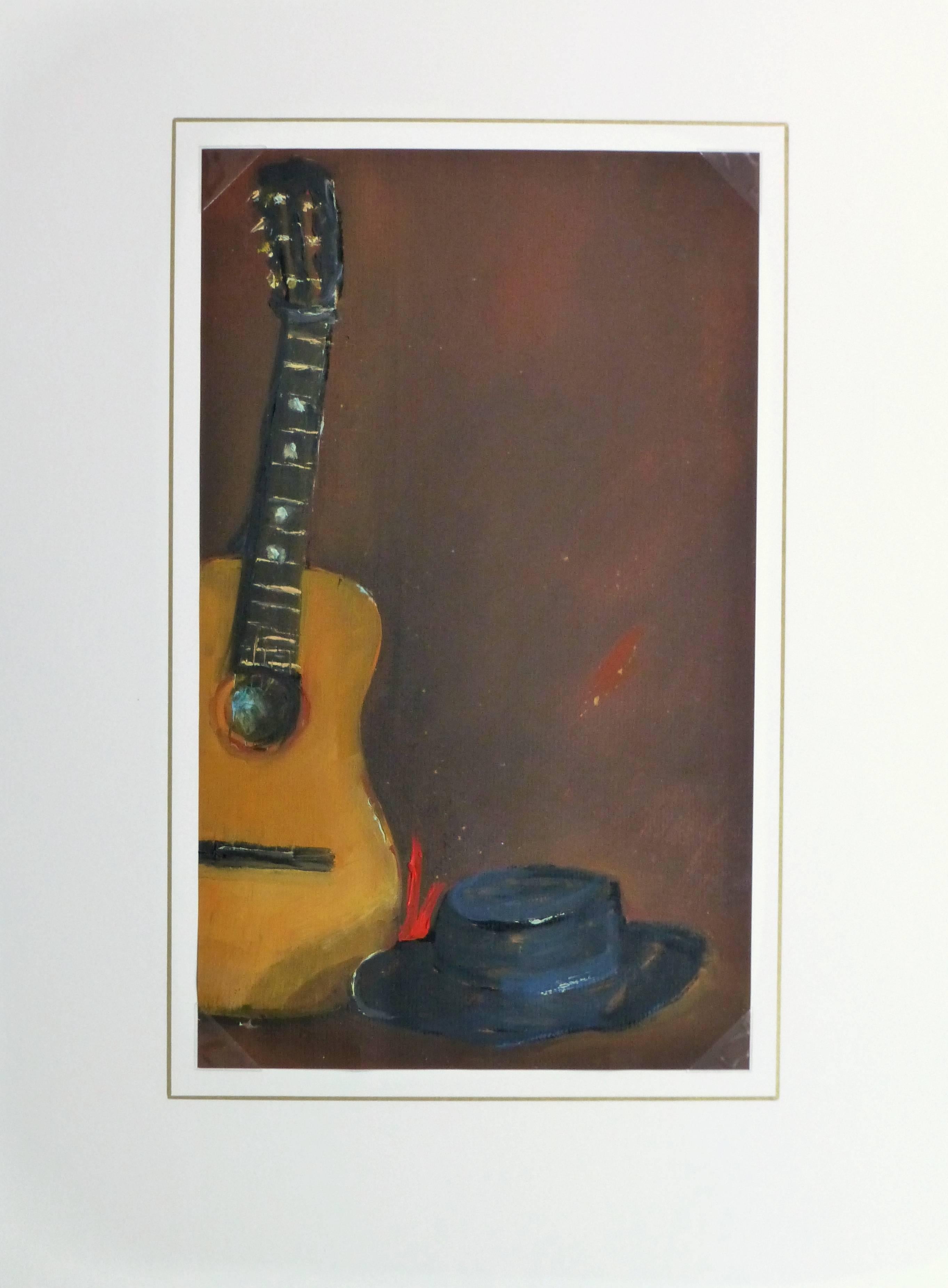 Compelling vintage oil on paper still life painting of a black hat alongside an acoustic guitar against a velvety brown background by French artist Raymond Bailly, circa 1960.

Original one-of-a-kind artwork on paper displayed on a white mat with