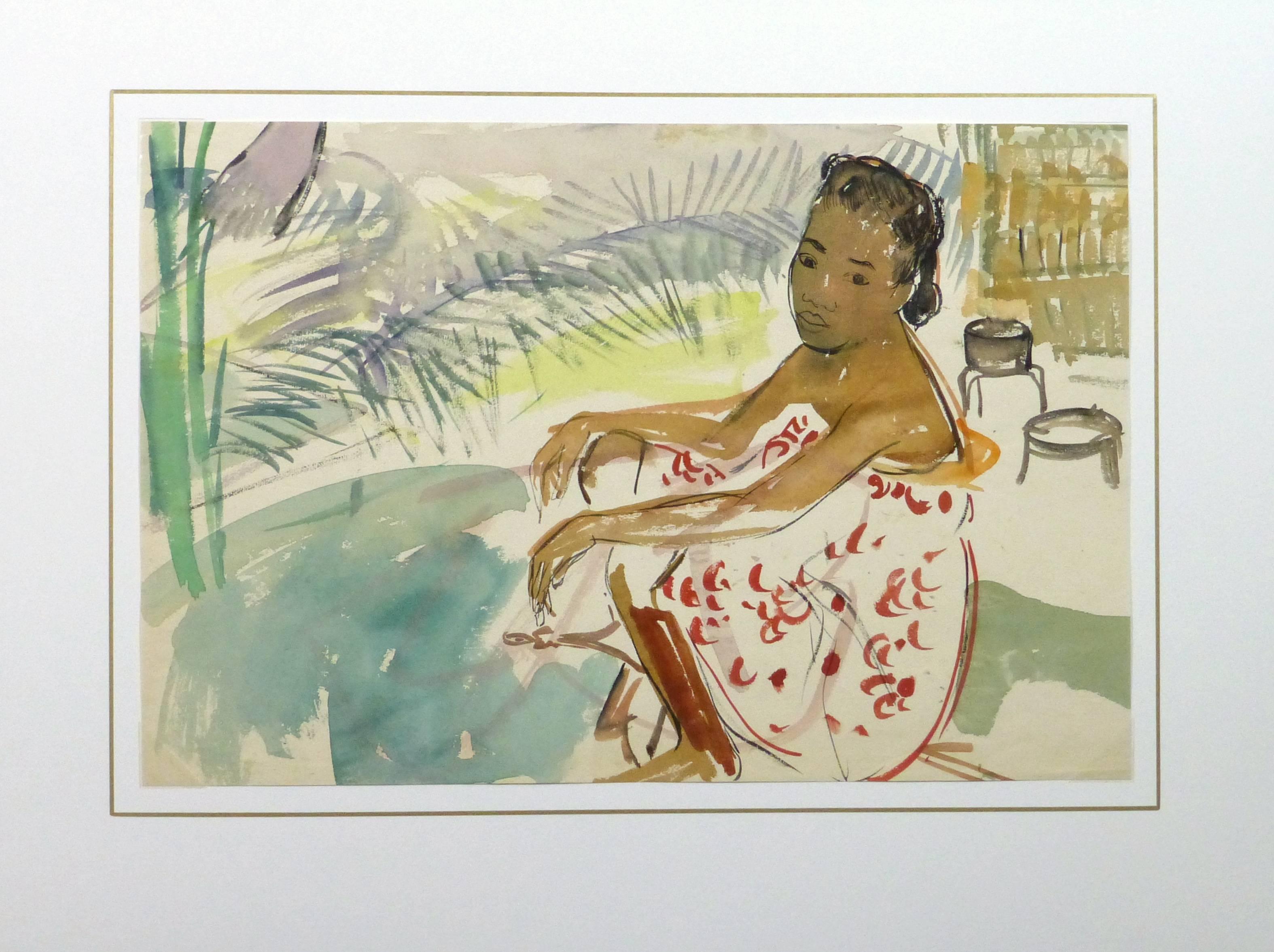 Stunning watercolor of a portrait of a Madagascar woman surrounded by tropical foliage by French artist Stephane Magnard, circa 1950.

Original one-of-a-kind artwork on paper displayed on a white mat with a gold border. Mat fits a standard-size