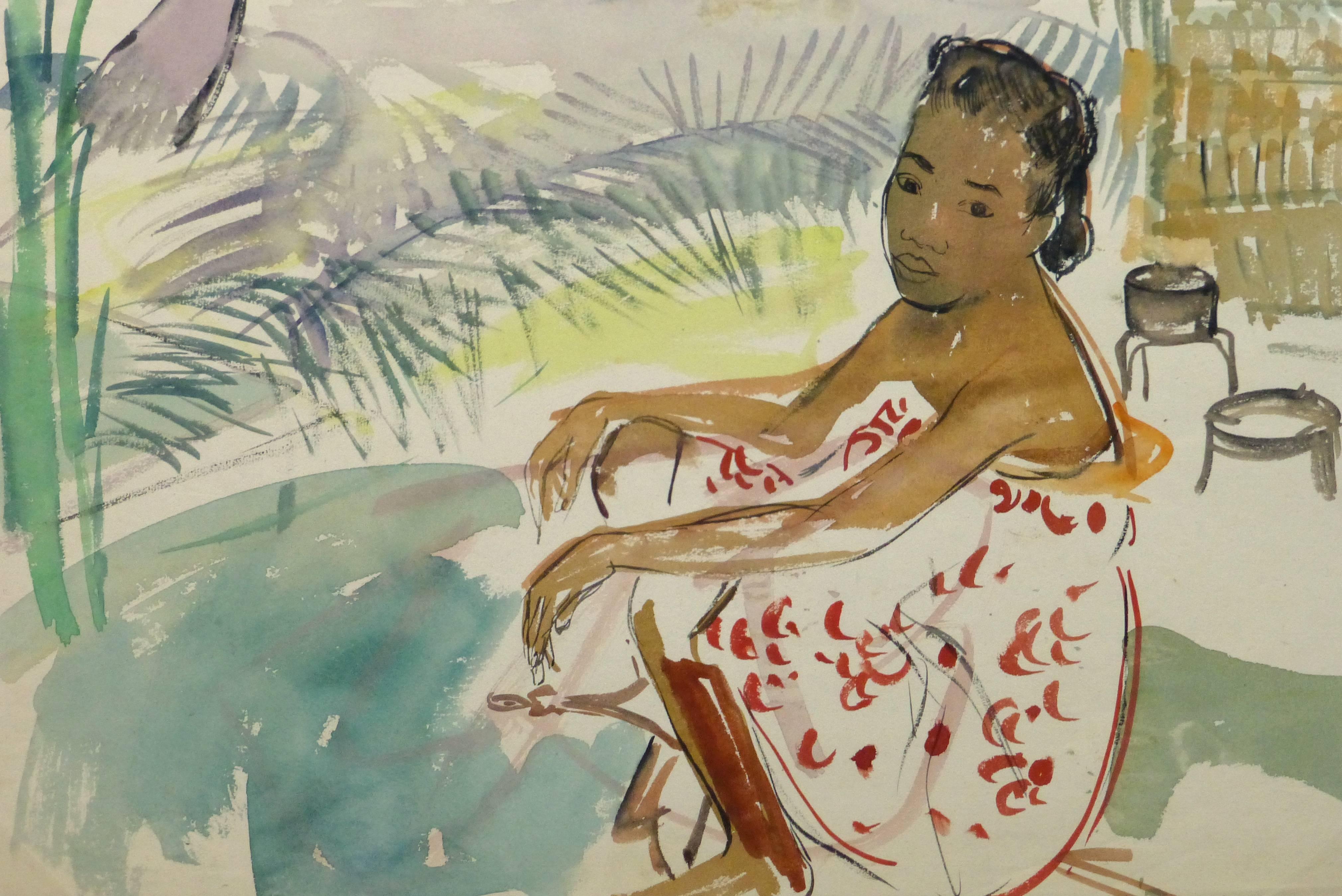 Stephane Magnard Portrait - Vintage French Watercolor - Madagascar Woman