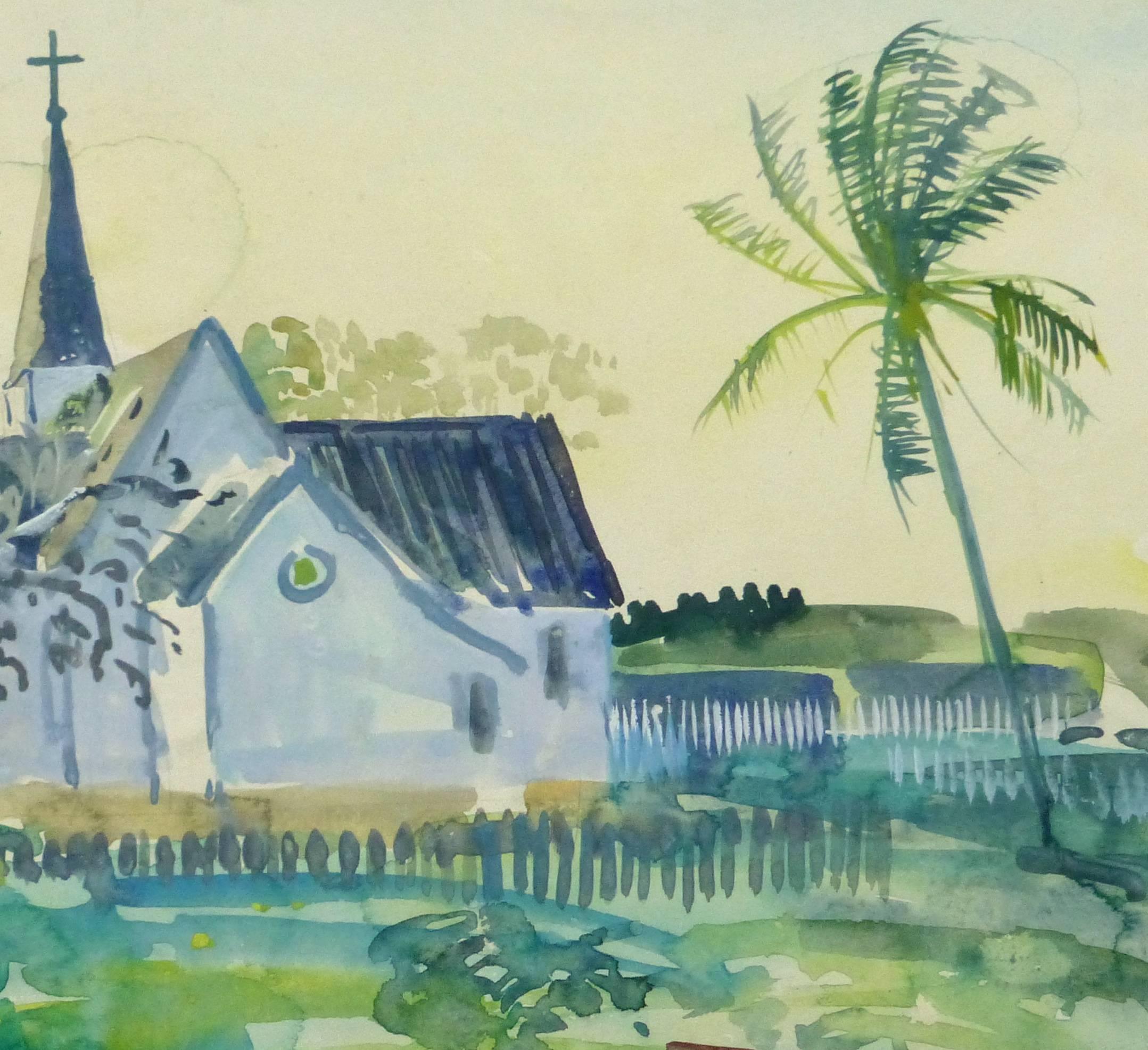 Delightful watercolor landscape of a small and charming church surrounded by bright tropical foliage by Stephane Magnard, circa 1950.

Original one-of-a-kind artwork on paper displayed on a white mat with a gold border. Mat fits a standard-size