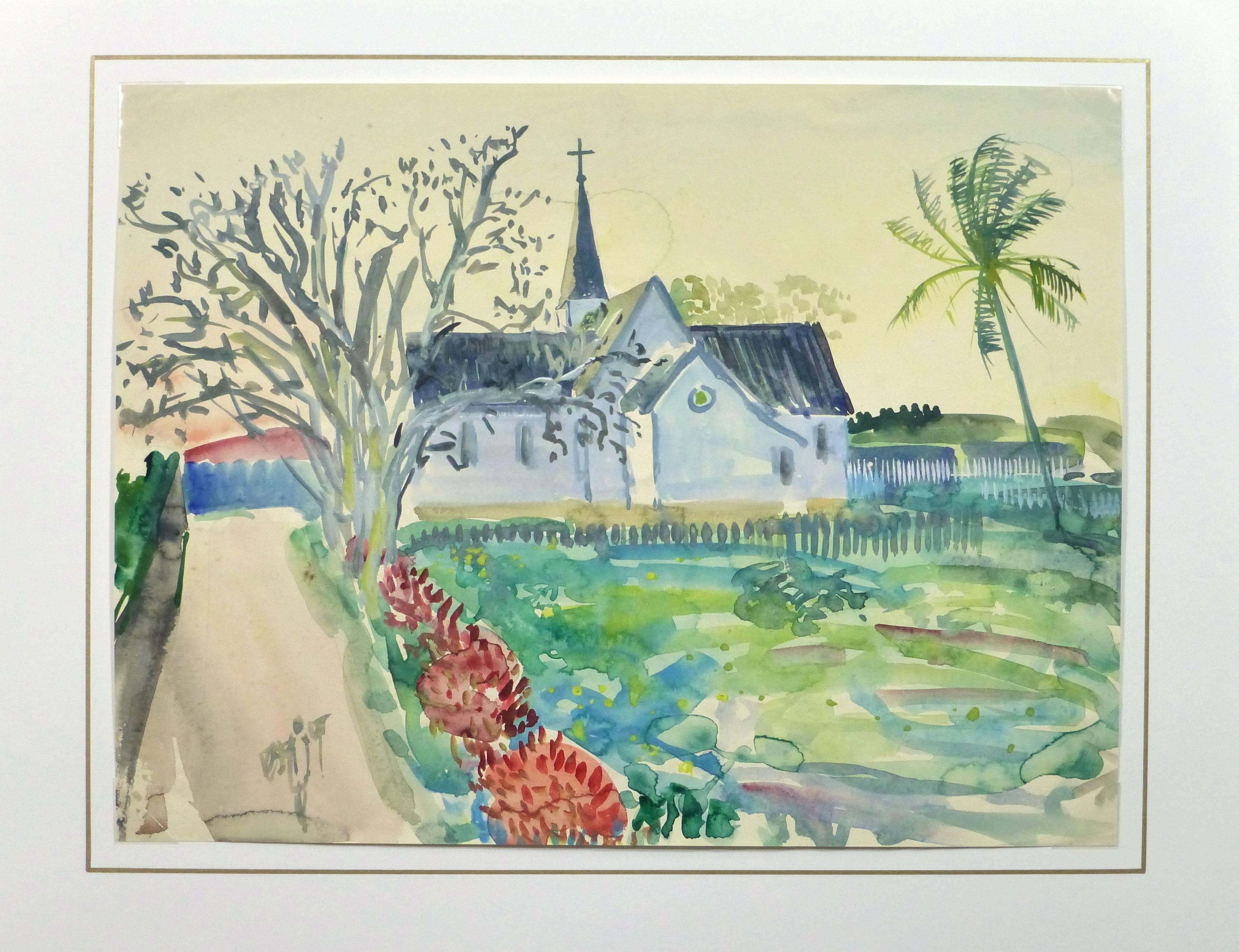 Vintage French Watercolor - Tropical Church 1