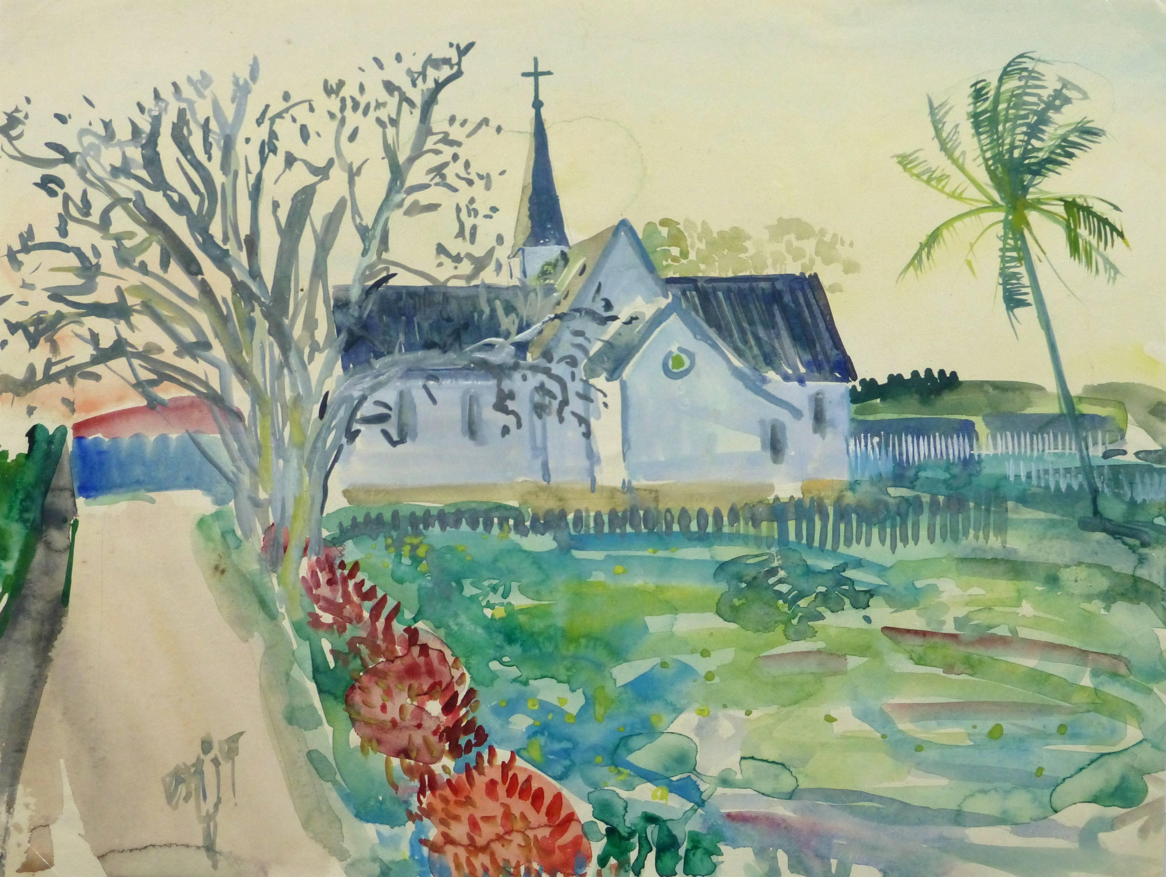 Stephane Magnard Landscape Art - Vintage French Watercolor - Tropical Church