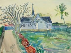 Vintage French Watercolor - Tropical Church