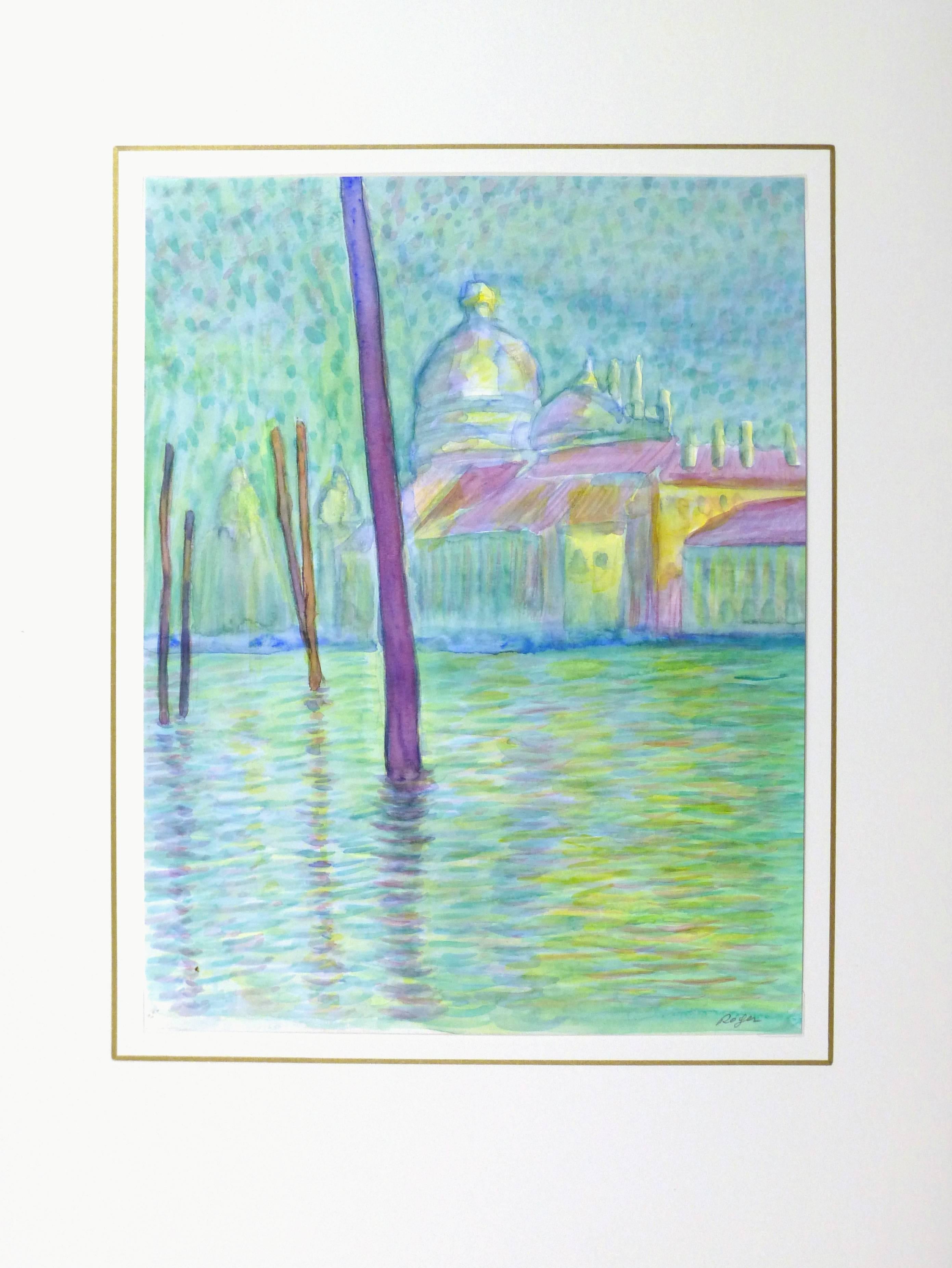 Impressionist style watercolor of a early evening scene along the canals of Venice, Italy, circa 1990. Signed lower right.

Original one-of-a-kind artwork on paper displayed on a white mat with a gold border. Mat fits a standard-size frame.