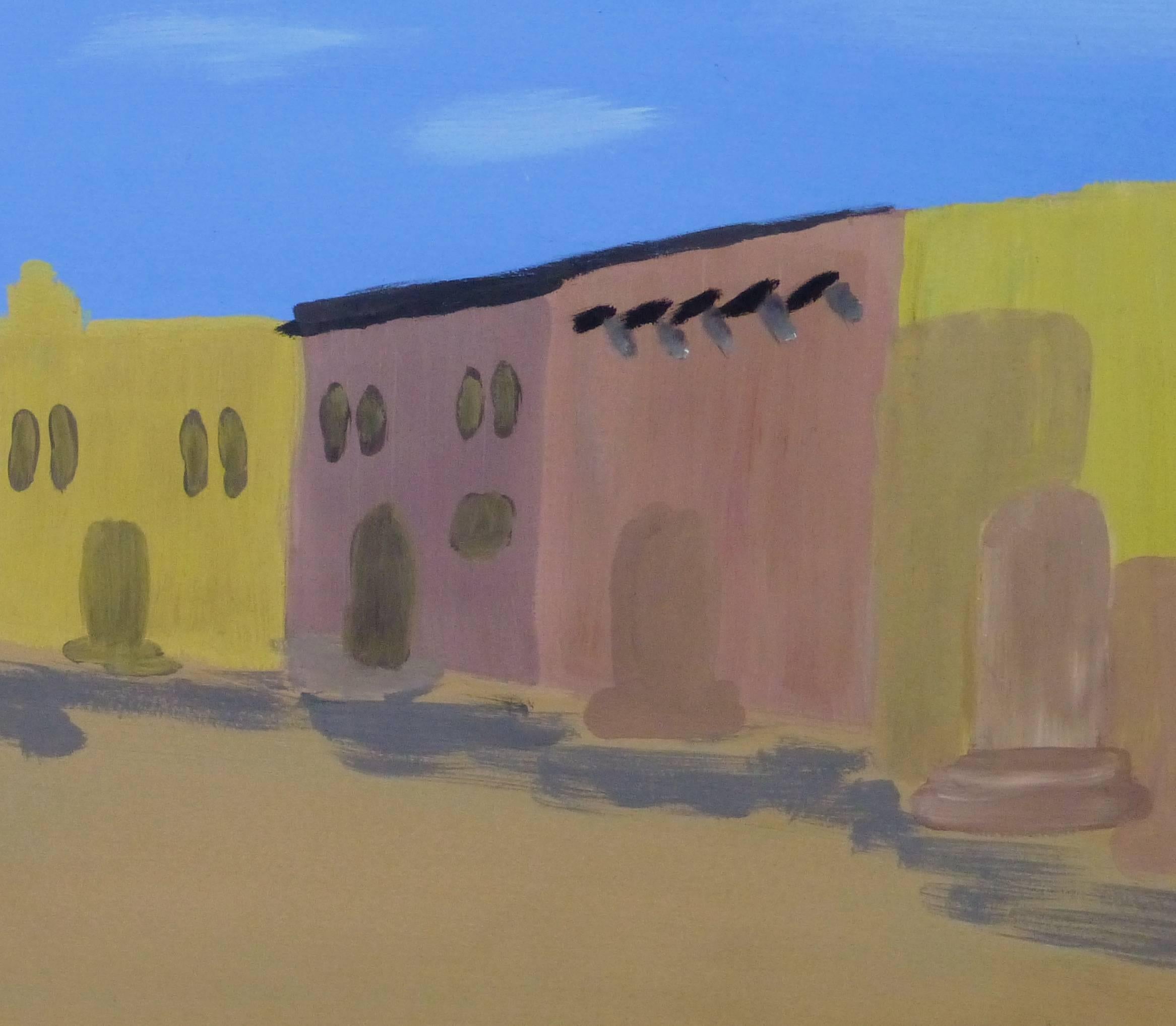 Serene acrylic landscape painting of a colorful strip of adobe buildings in the ancient city of Timbuktu by French artist AM Rémy, circa 1970.

Original one-of-a-kind artwork on paper displayed on a white mat with a gold border. Mat fits a