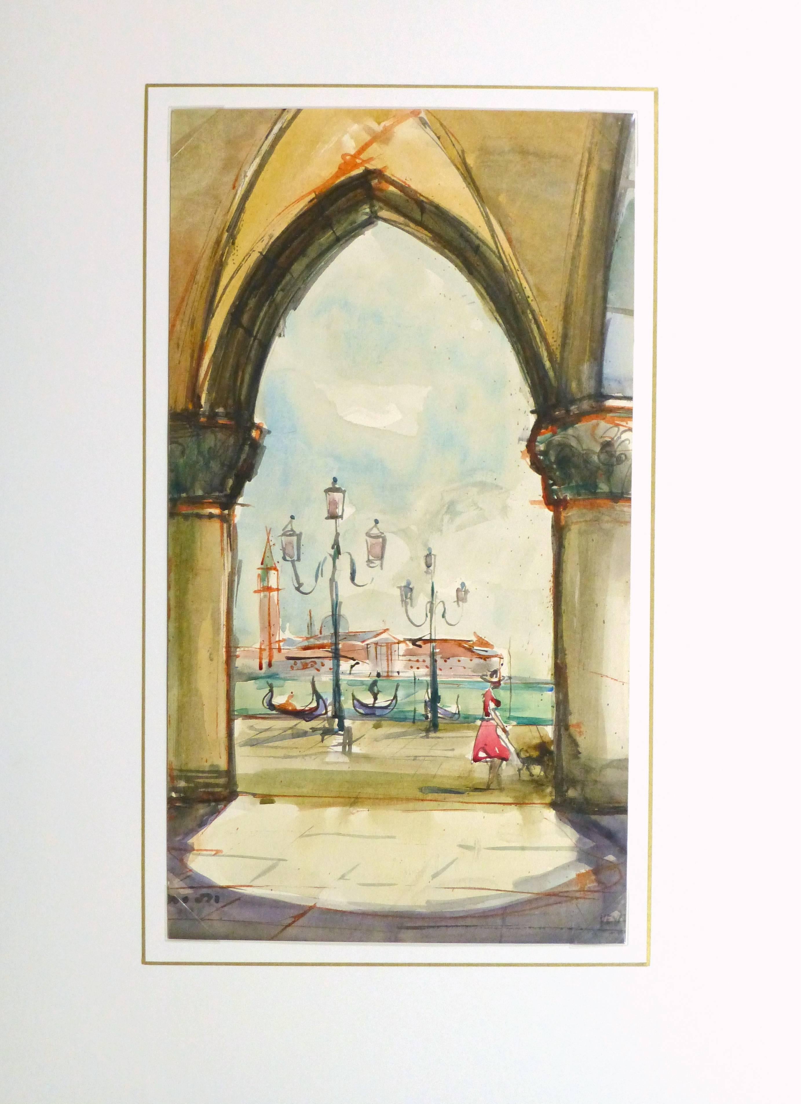 Tableau de paysage vintage à l'aquarelle - Vue de Venise - Marron Landscape Art par Stephane Magnard