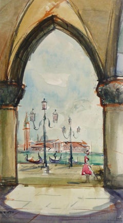 Vintage-Aquarell-Landschaftsgemälde, Ansicht von Venedig