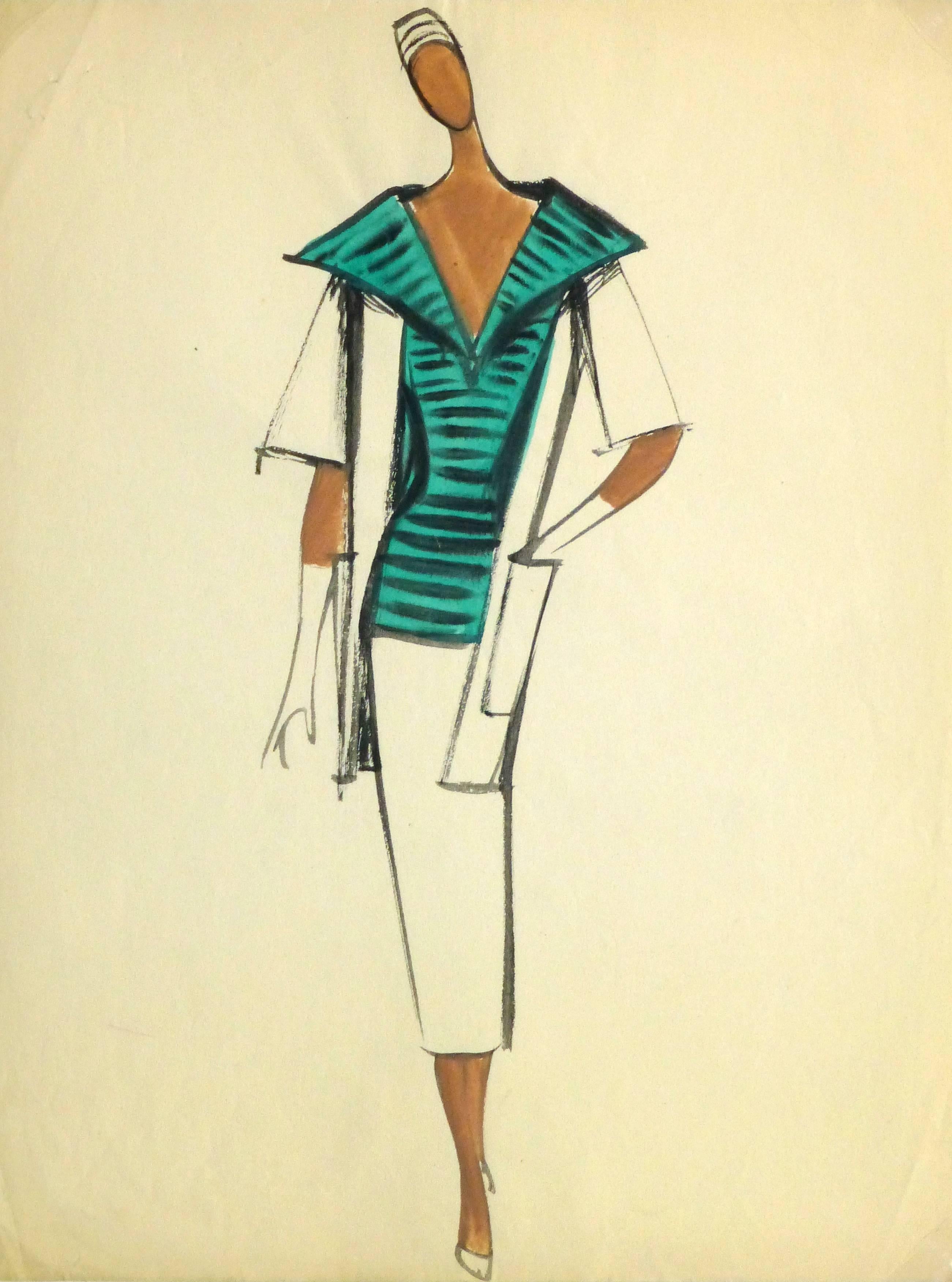 Pierre Balmain Figurative Art - Vintage Balmain Fashion Sketch - Green Striped Blouse