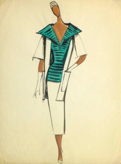 Vintage Balmain Fashion Sketch - Green Striped Blouse