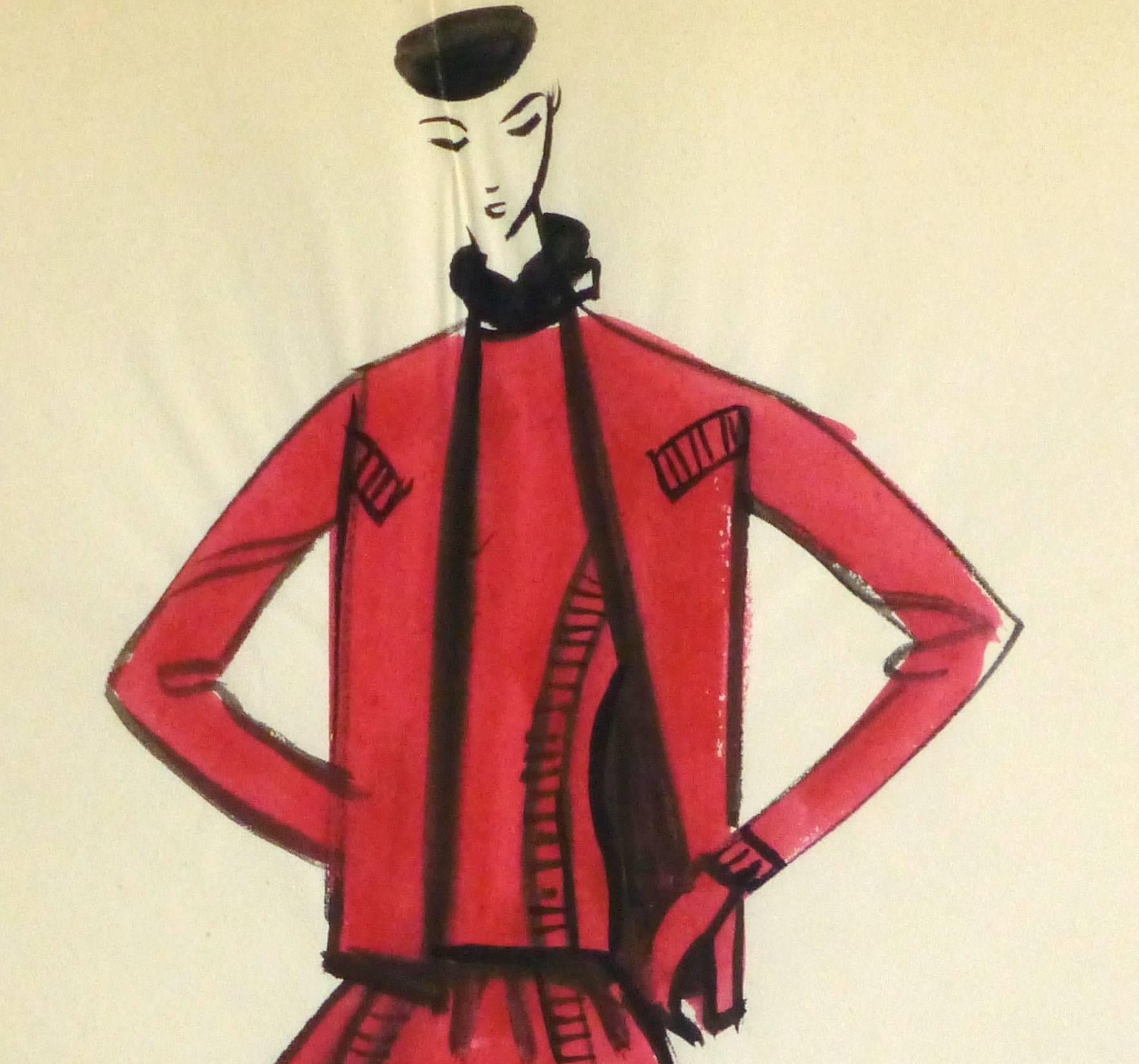 Vintage Balmain Fashion Sketch - Red Dress and Coat - Art by Pierre Balmain