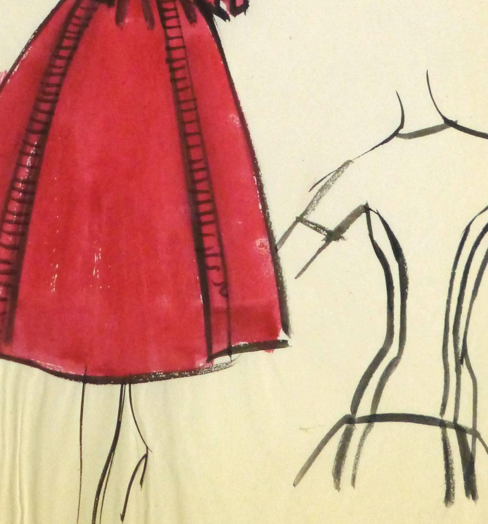 Vintage Balmain Fashion Sketch - Red Dress and Coat - White Figurative Art by Pierre Balmain