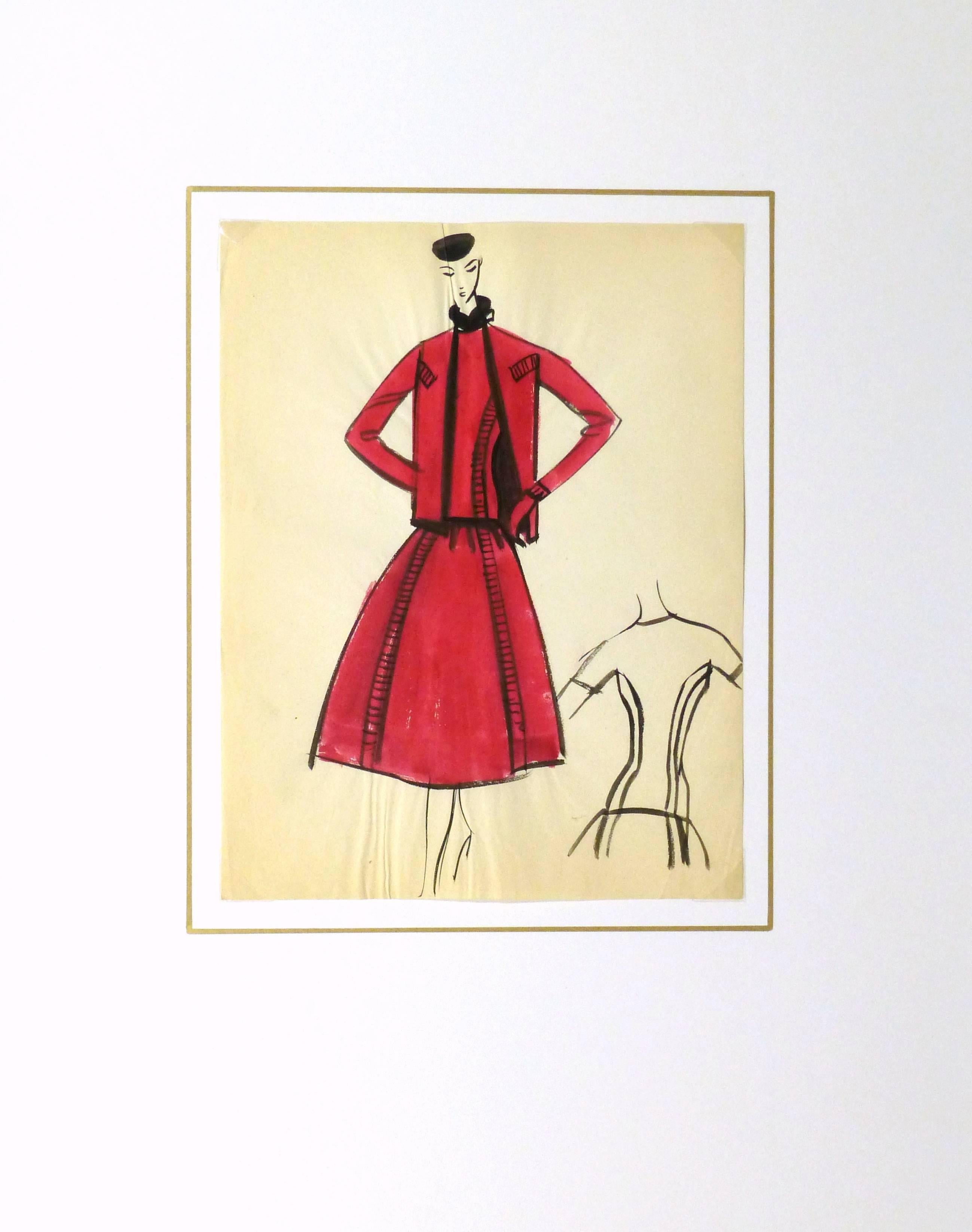 Vintage haute couture fashion sketch of a bright red skirt with matching blouse and jacket by Balmain Fashion House of Paris, circa 1950.

Original one-of-a-kind artwork on paper displayed on a white mat with a gold border. Mat fits a standard-size