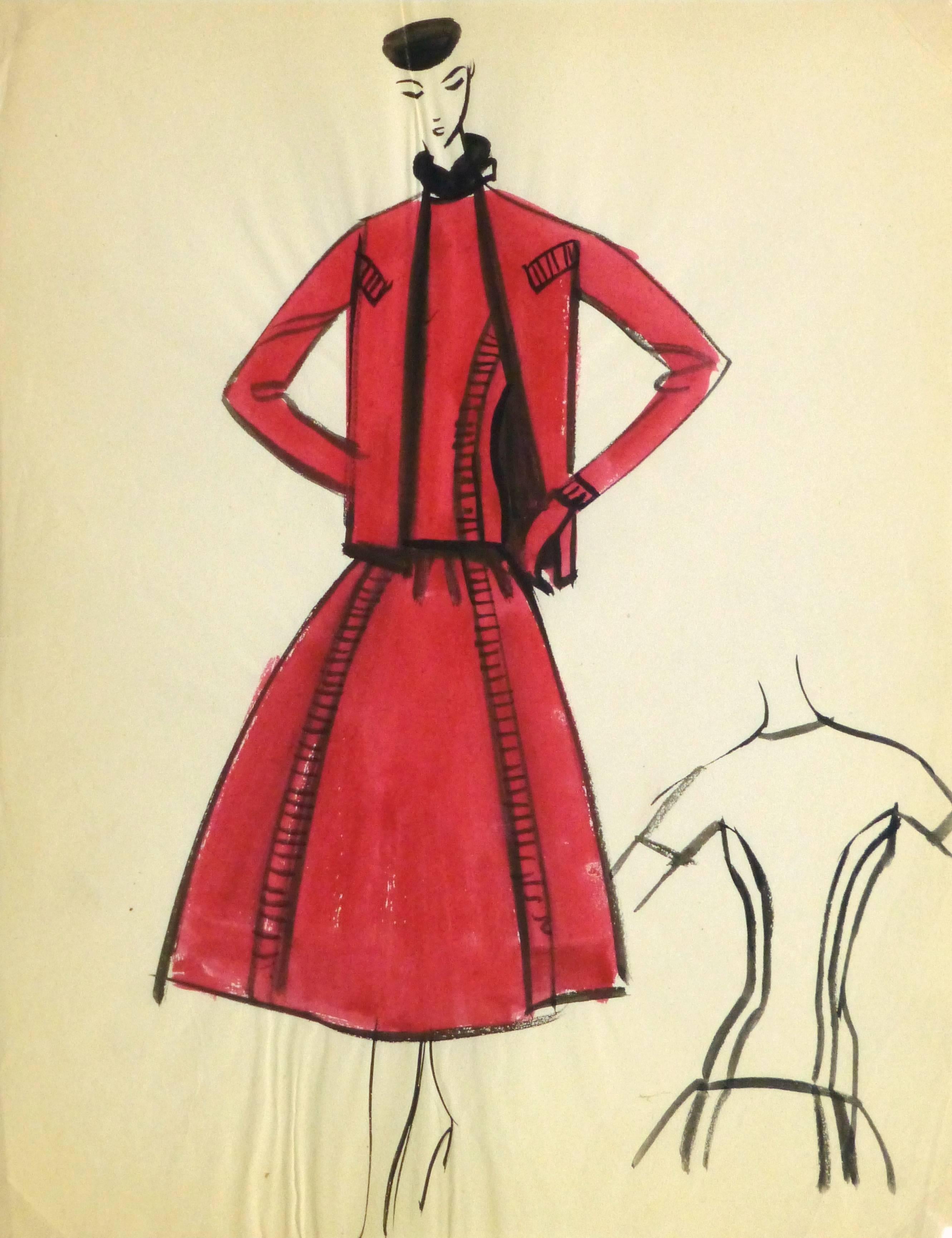 Pierre Balmain Figurative Art - Vintage Balmain Fashion Sketch - Red Dress and Coat