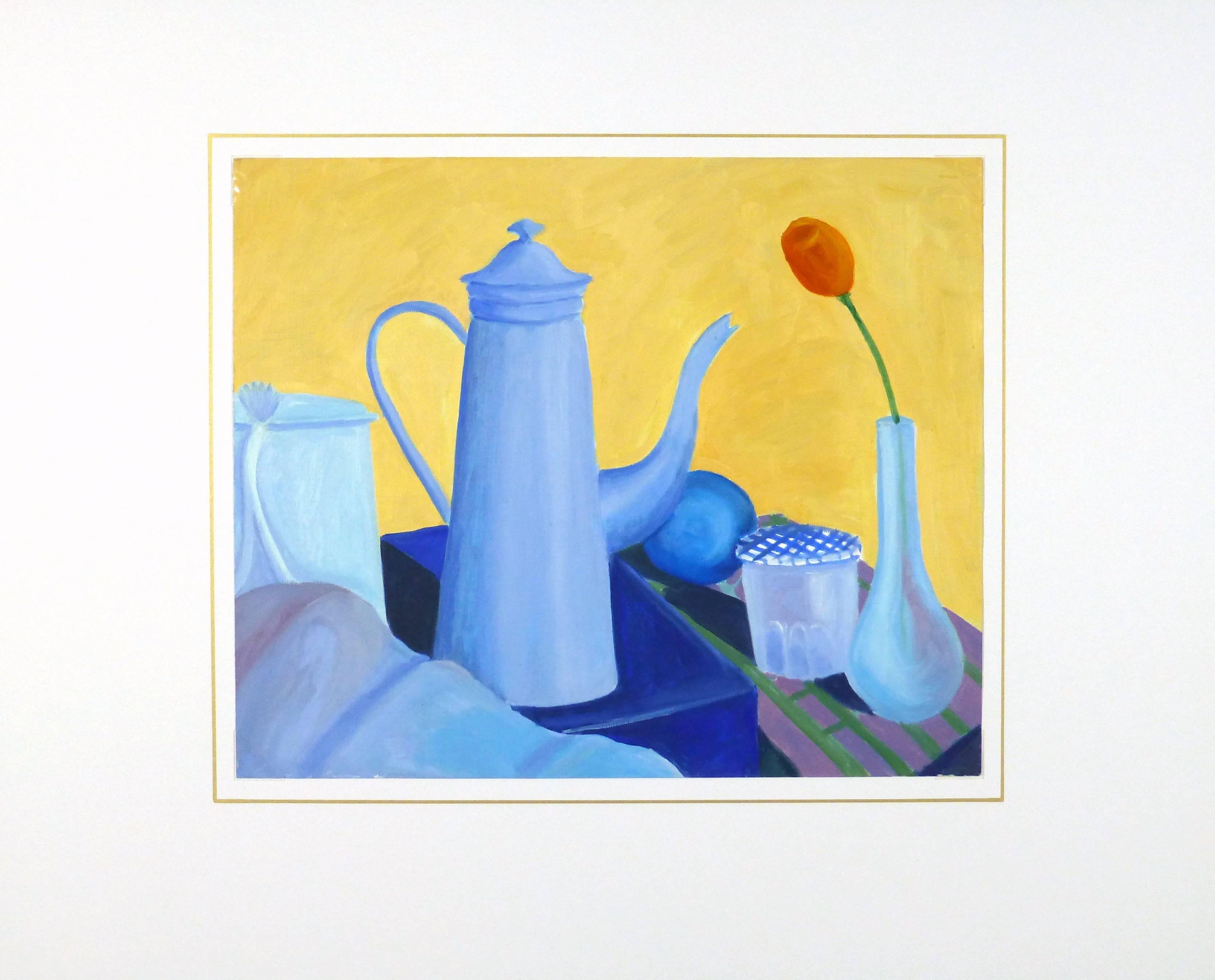 Acrylgemälde auf Leinwand Papier Stillleben von verschiedenen Objekten in heiteren Blautönen vor einem buttergelben Hintergrund von J. Dupuis, 1991. 

Einzigartiges Originalkunstwerk auf Papier, das auf einer weißen Matte mit Goldrand präsentiert