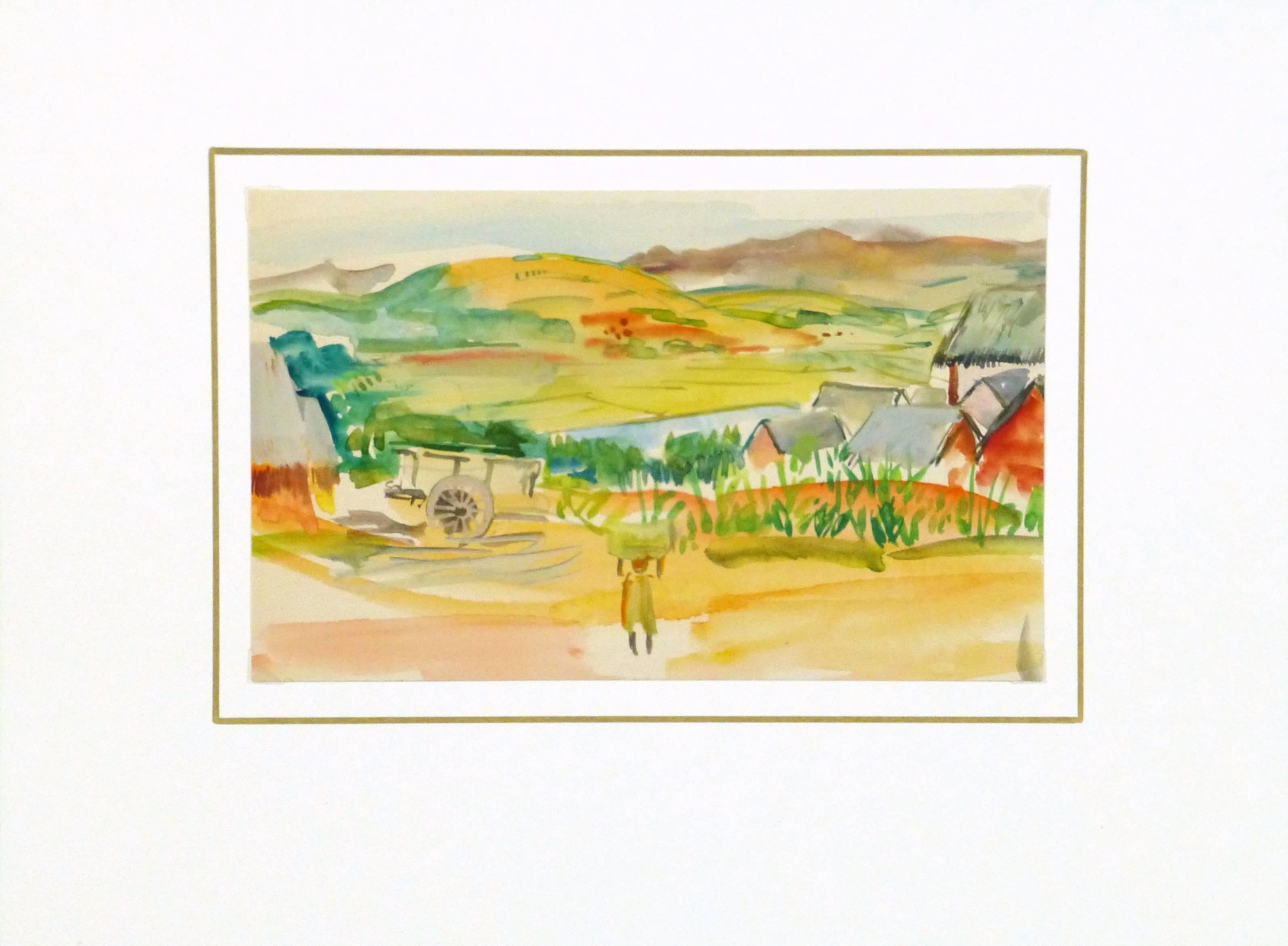 Brightly hued watercolor of a the rural farmlands of Madagascar Islands by French artist Stephane Magnard, circa 1950. 

Original one-of-a-kind artwork on paper displayed on a white mat with a gold border. Mat fits a standard-size frame. Archival