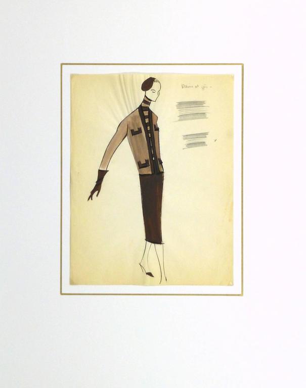 Vintage French fashion sketch of a svelte skirted suit with coordinating turtleneck by the Pierre Balmain Fashion House of Paris, circa 1950.

Original one-of-a-kind artwork on paper displayed on a white mat with a gold border. Mat fits a