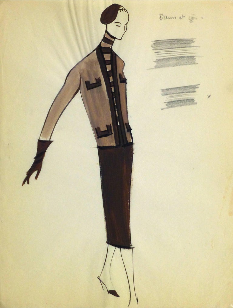 Pierre Balmain Figurative Art - Balmain Fashion Sketch - Skirt Suit