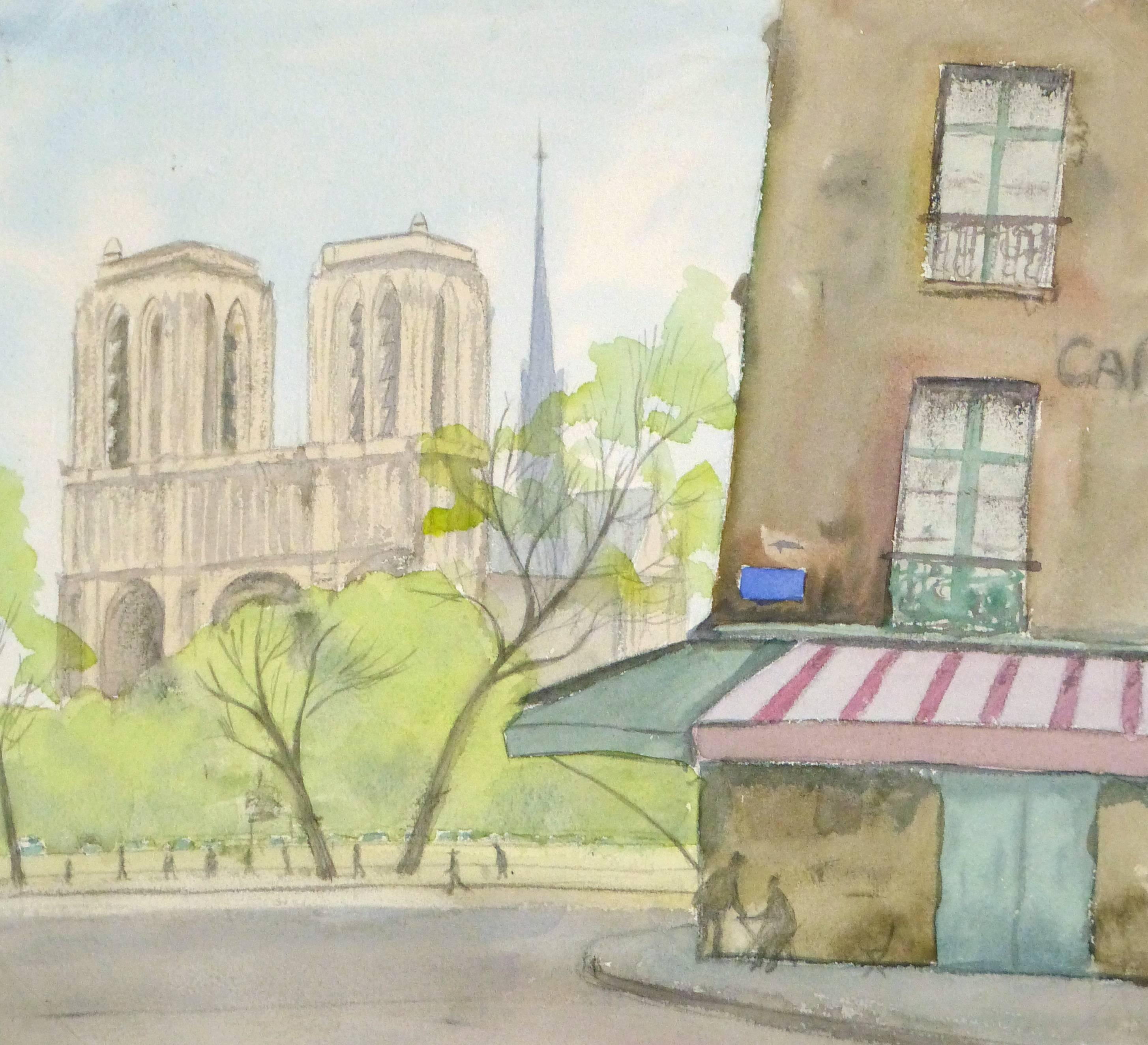 Paul Ove Landscape Art - French Watercolor Painting - Paris Notre Dame
