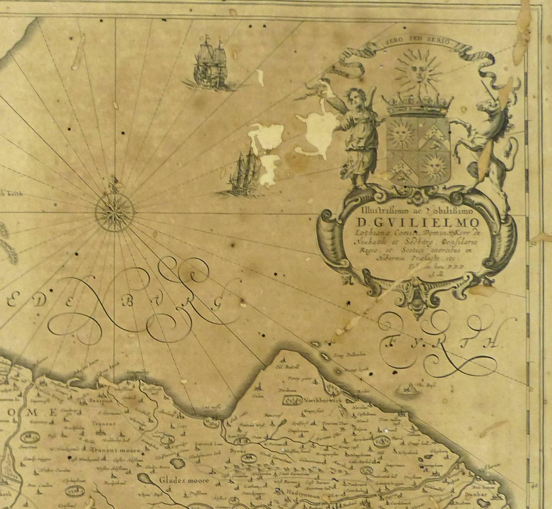 Engraved map of the region around Edinburgh, Scotland by famed cartographer Willem Blaeu, 1654. Great detail of rivers, cities, and castles. Note elaborate title cartouche and scale of miles cartouche decorate the map.

Original antique map on