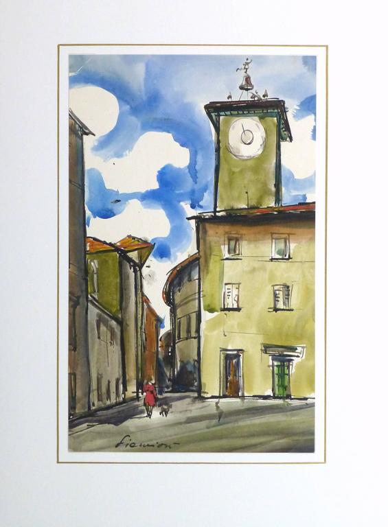 Bold and bright watercolor of a female figure walking her dog on a sunny day on a street corner in Provence, France by artist Siemion, circa 1950. Signed lower left.

Original one-of-a-kind artwork on paper displayed on a white mat with a gold