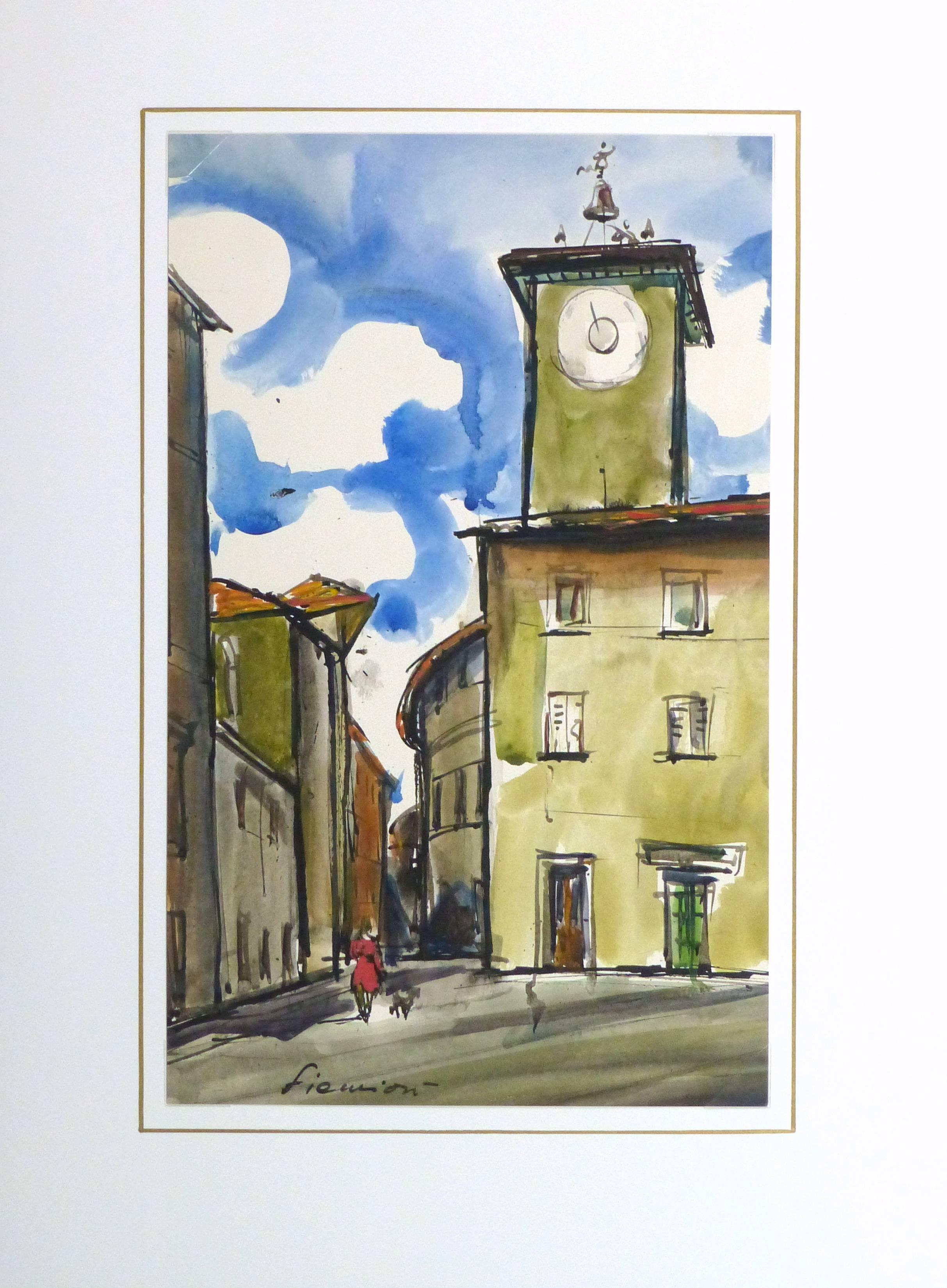 Kühnes und leuchtendes Aquarell einer Frau, die an einem sonnigen Tag an einer Straßenecke in der Provence, Frankreich, mit ihrem Hund spazieren geht, von Siemion, um 1950. Signiert unten links.

Einzigartiges Originalkunstwerk auf Papier, das auf