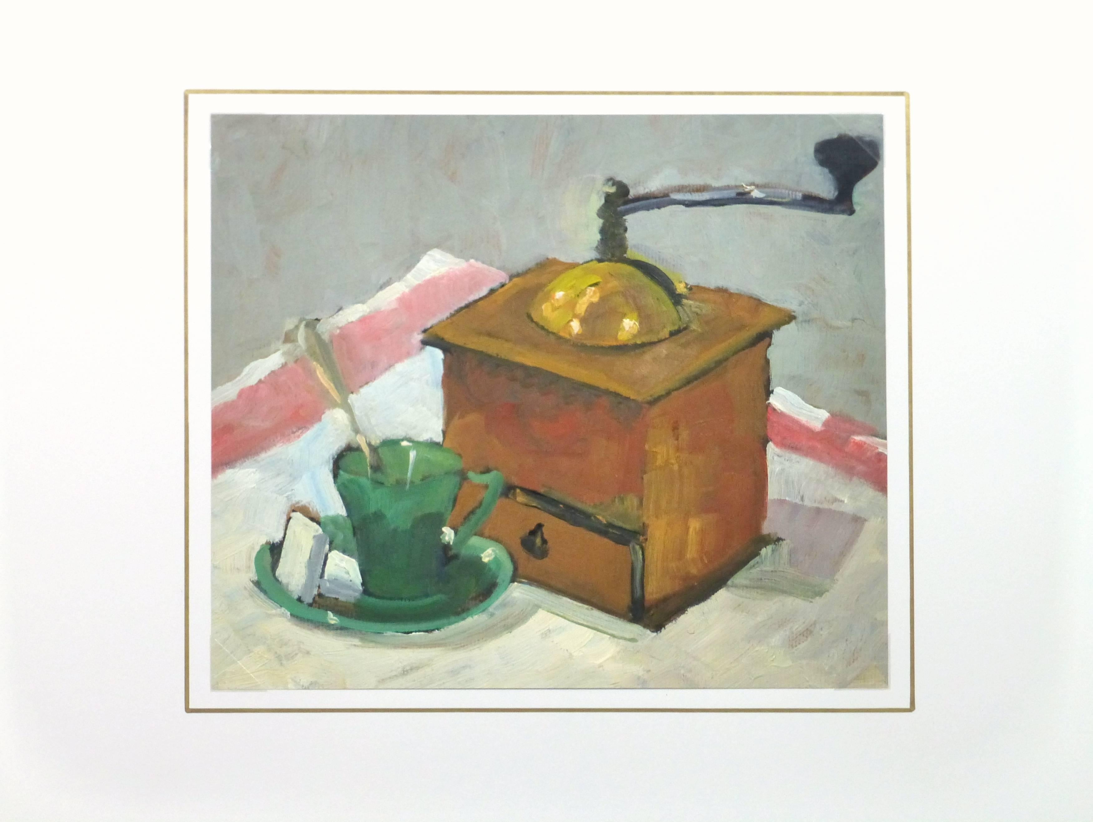 Delightful oil on paper still life of a wooden coffee grinder and dainty green coffee cup with saucer by French artist Raymond Bailly, 1967. 

Original one-of-a-kind artwork on paper displayed on a white mat with a gold border. Mat fits a