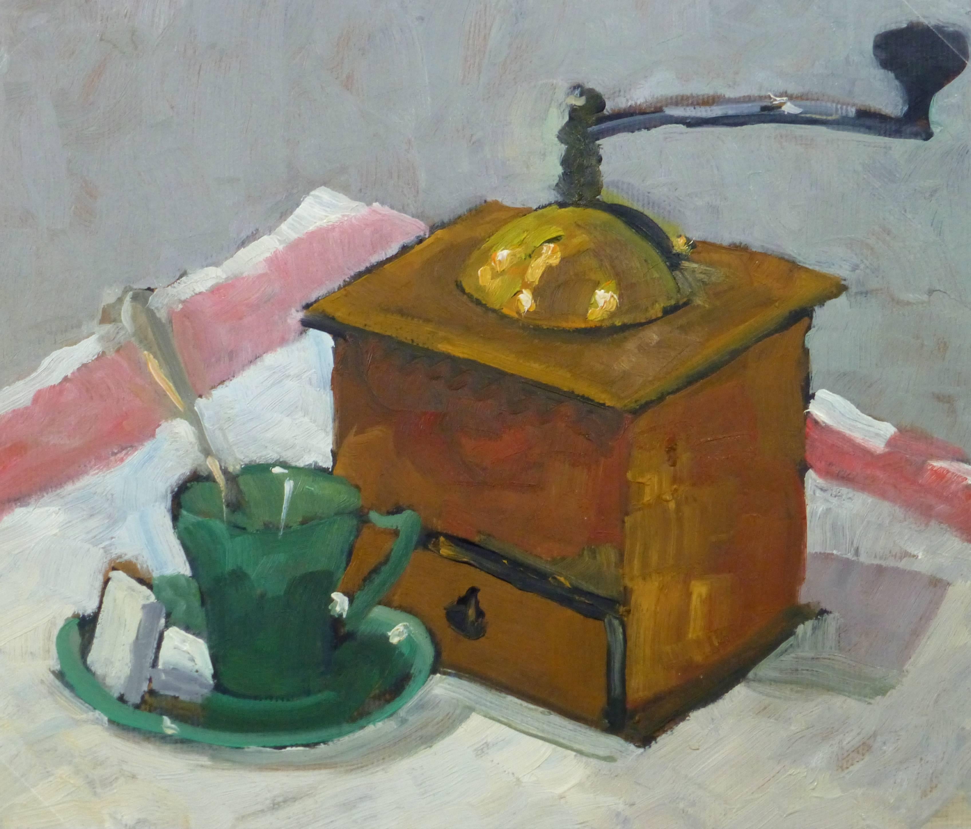 Raymond Bailly Still-Life Painting - Vintage French Oil Still Life - Coffee Grinder