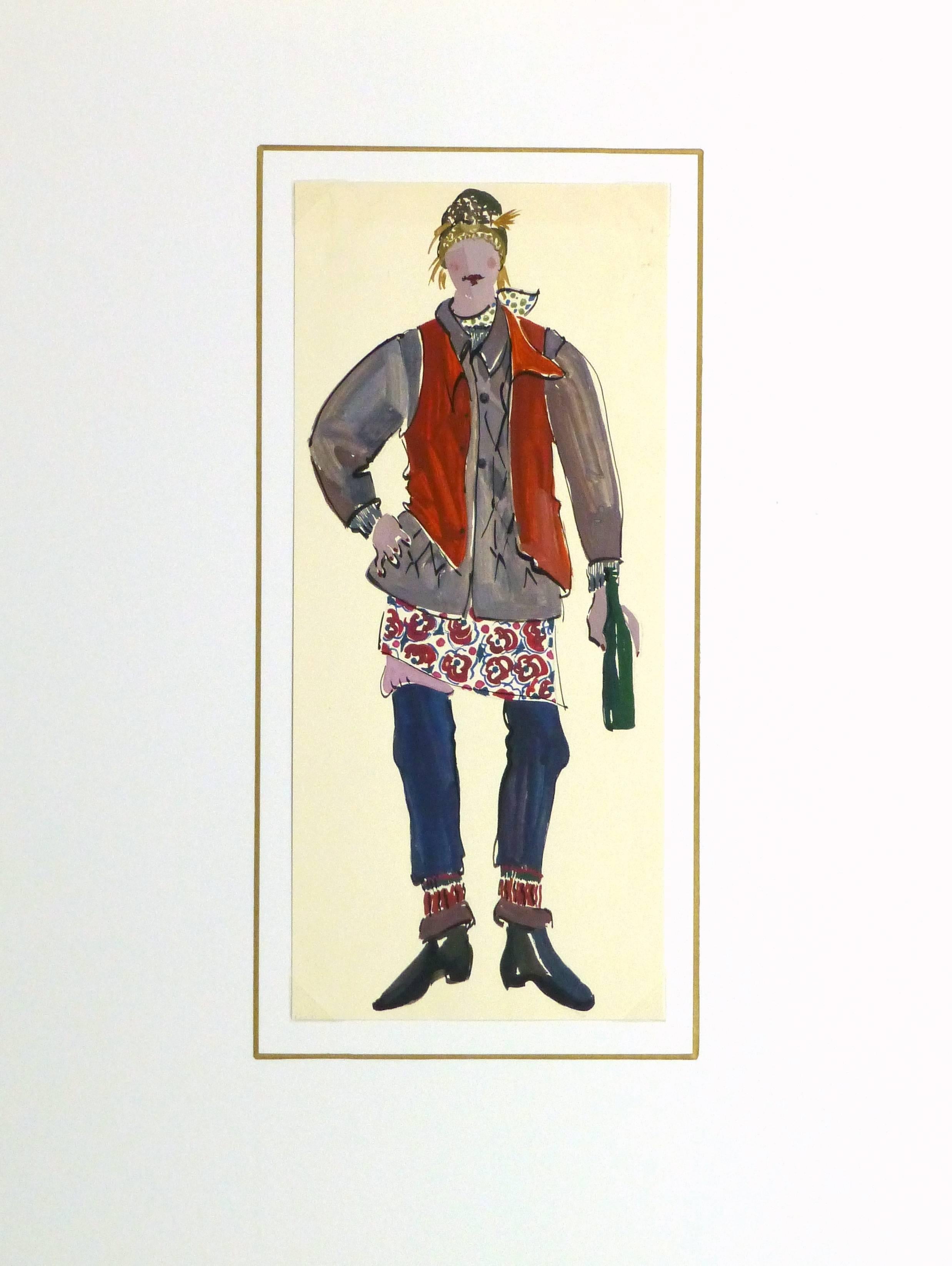 Vintage gouache fashion sketch of a casual and layered cold weather outfit, circa 1970.

Original one-of-a-kind artwork on paper displayed on a white mat with a gold border. Mat fits a standard-size frame. Archival plastic sleeve and Certificate of